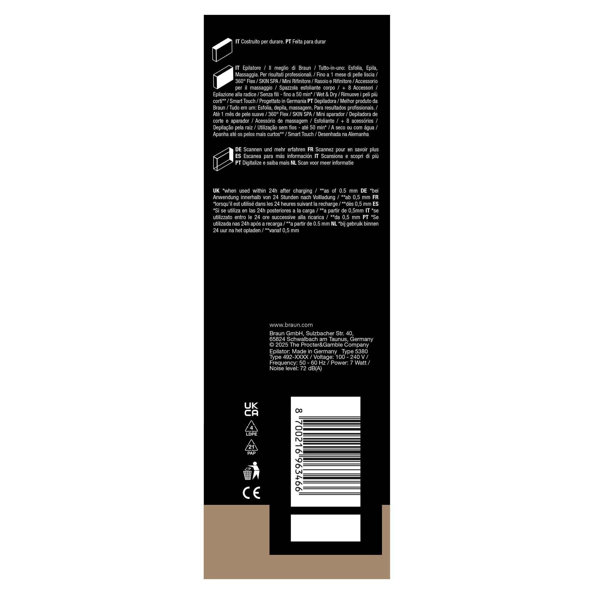 Inner packaging of Braun Silk-Ã©pil 9 flex pack with QR code. Designed for you. Scan for extra warranty.