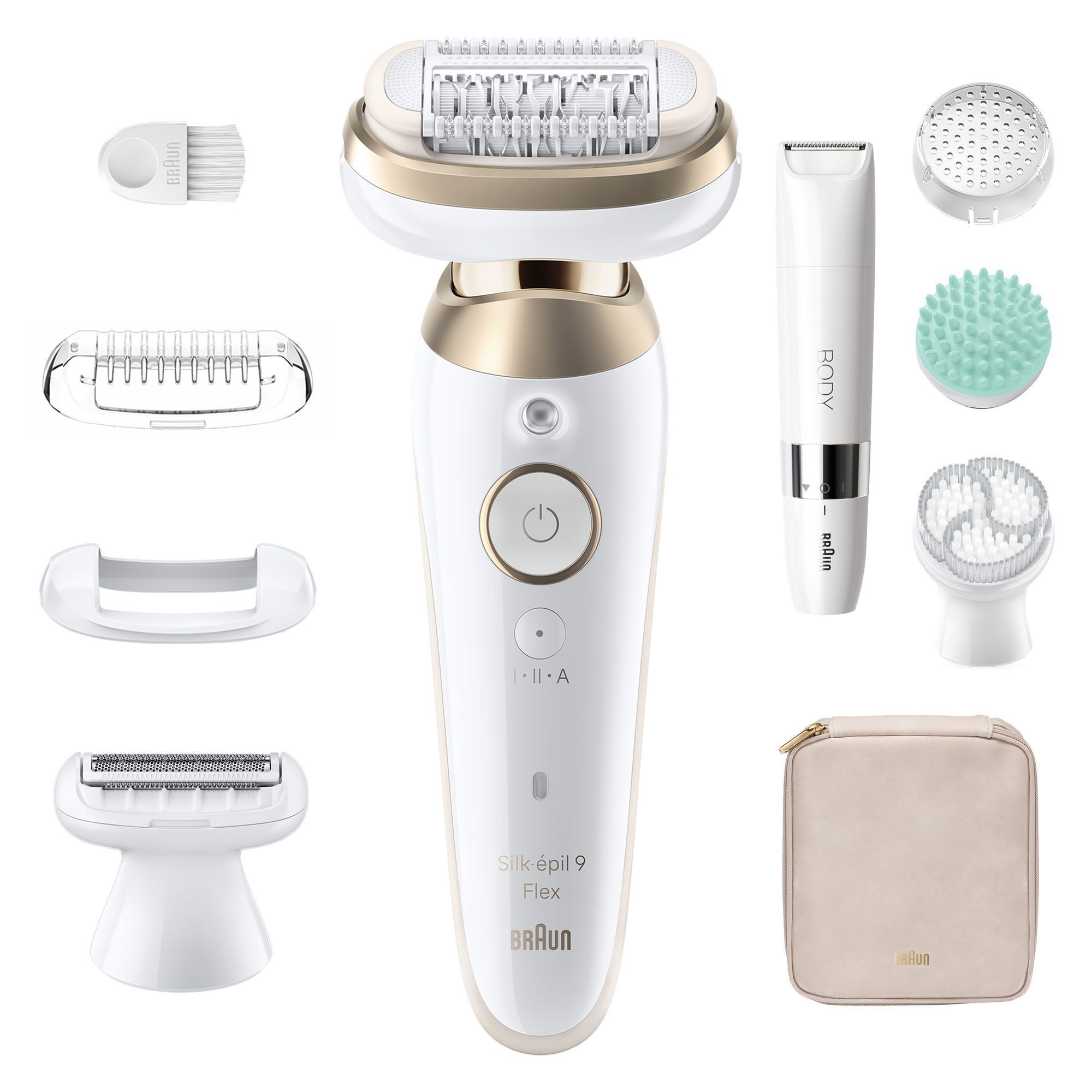 Silk-Ã©pil 9 Flex with cleaning brush, pouch, exfoliation brush, shaver head, trimmer comb, skin contact cap, body trimmer and massage pad.