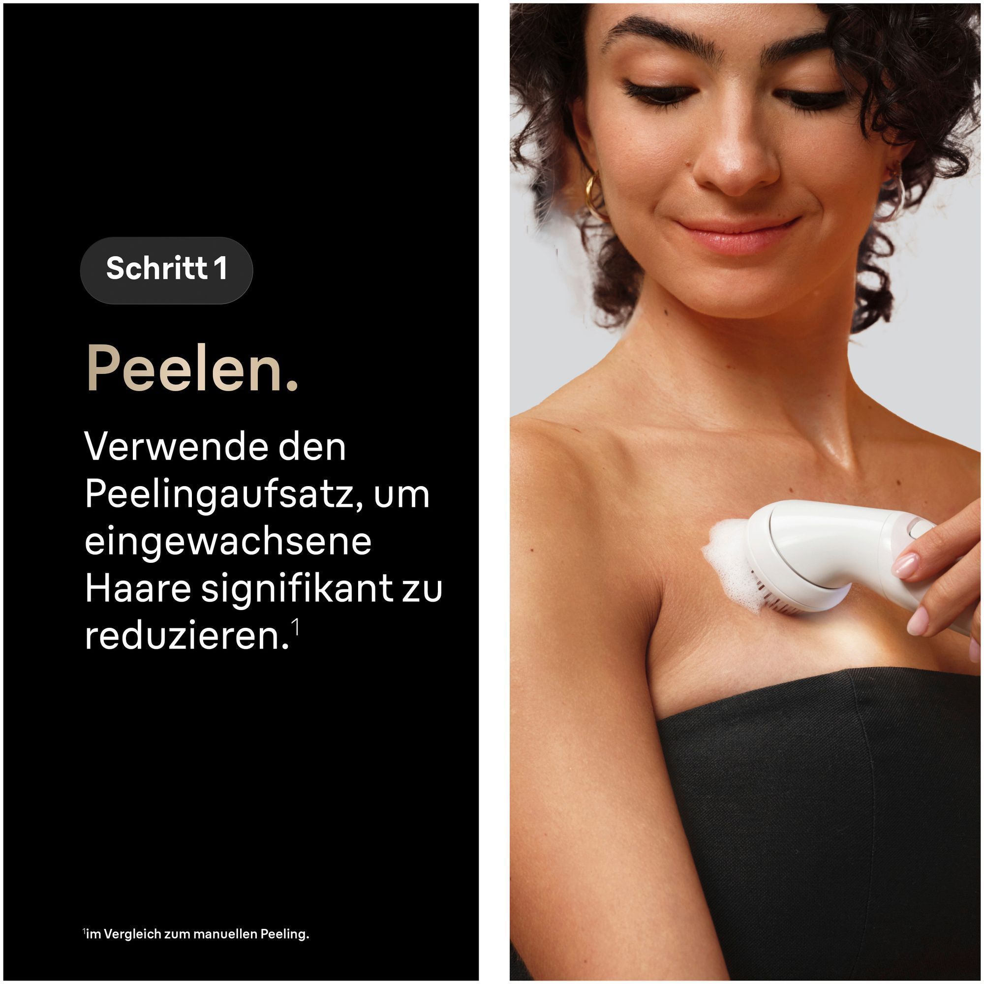 1. Frau verwendet den Epilierer am Unterschenkel. 2. Frau verwendet den Silk-epil 9 Flex Rasieraufsatz im Bikini-Bereich.
