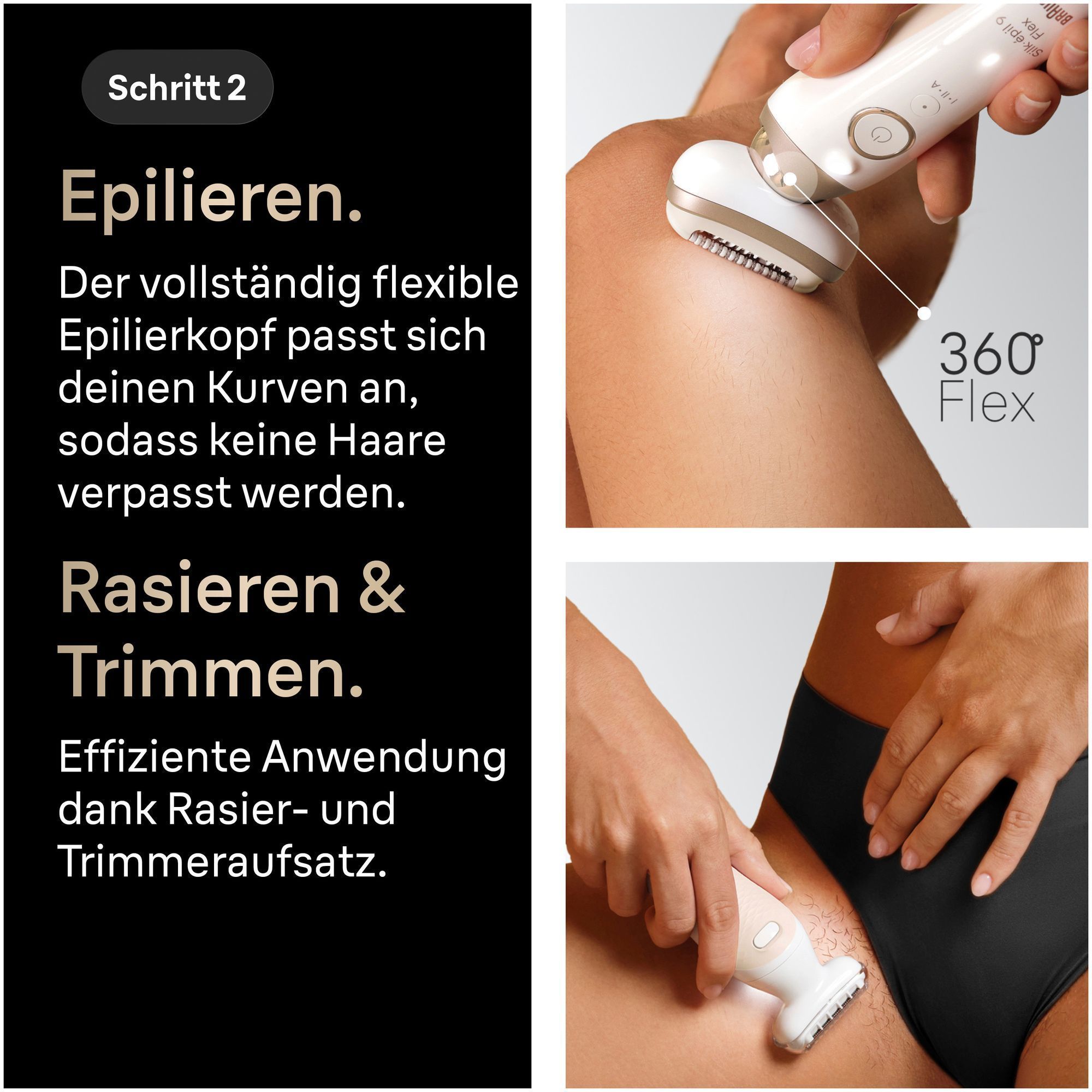 Nahaufnahme einer Frau, die das Silk-epil 9 Flex Massagepad am Oberschenkel verwendet.
