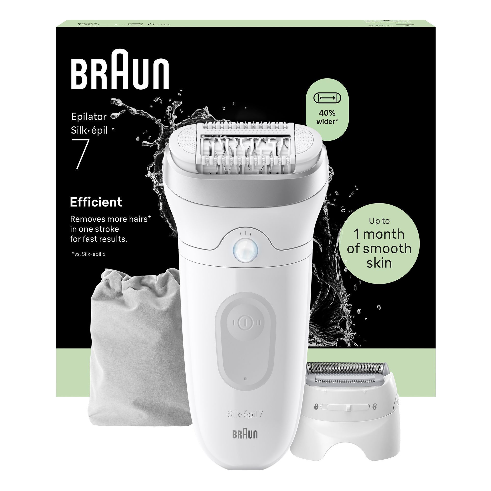 Front view product rendering of Silk-Ã©pil 7, pouch and shaver head with Packaging shot behind rendering on white background.