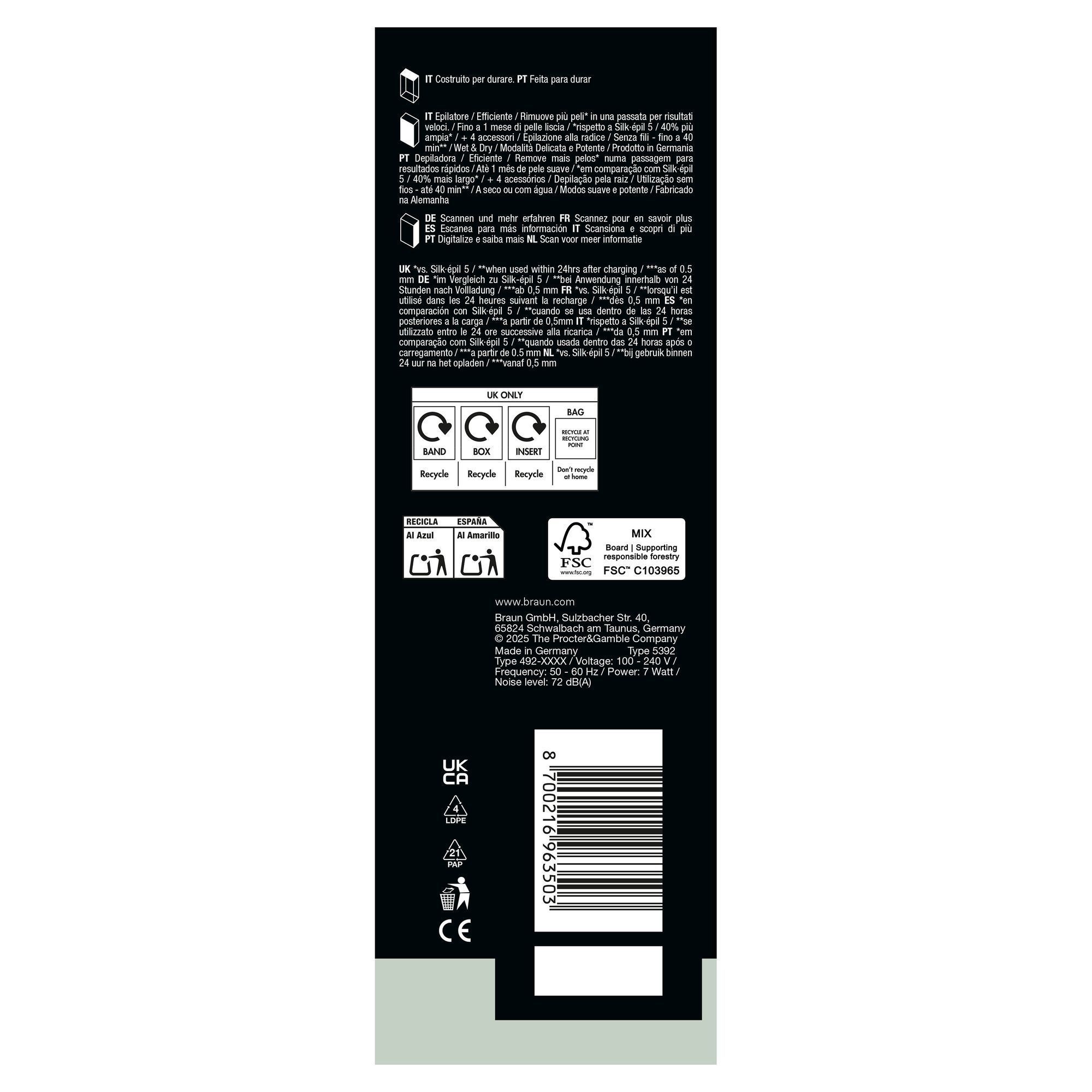 Side panel of Braun Silk-Ã©pil 7 pack with manufacturer address.