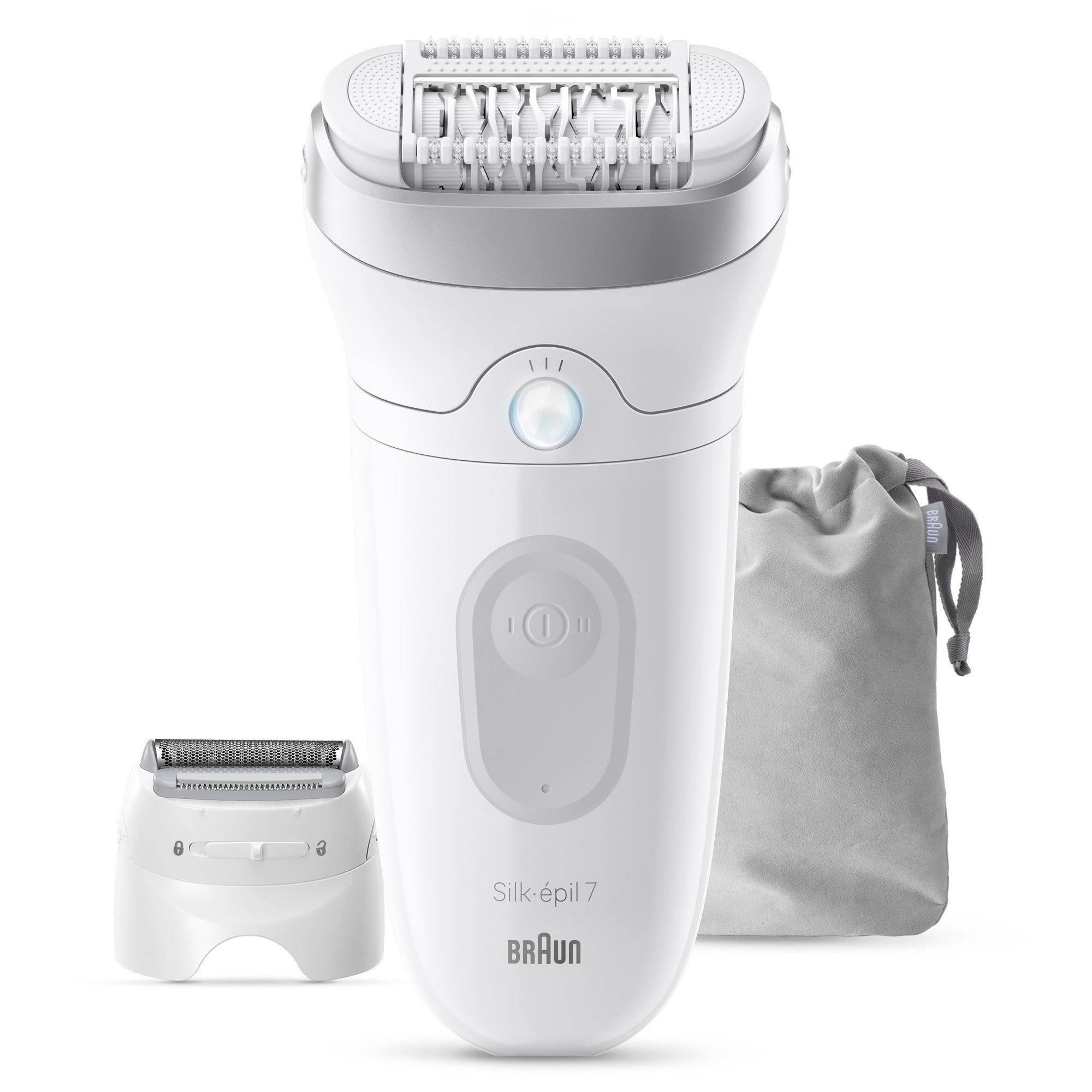 Front view product rendering of Silk-Ã©pil 7, pouch and shaver head on white background.