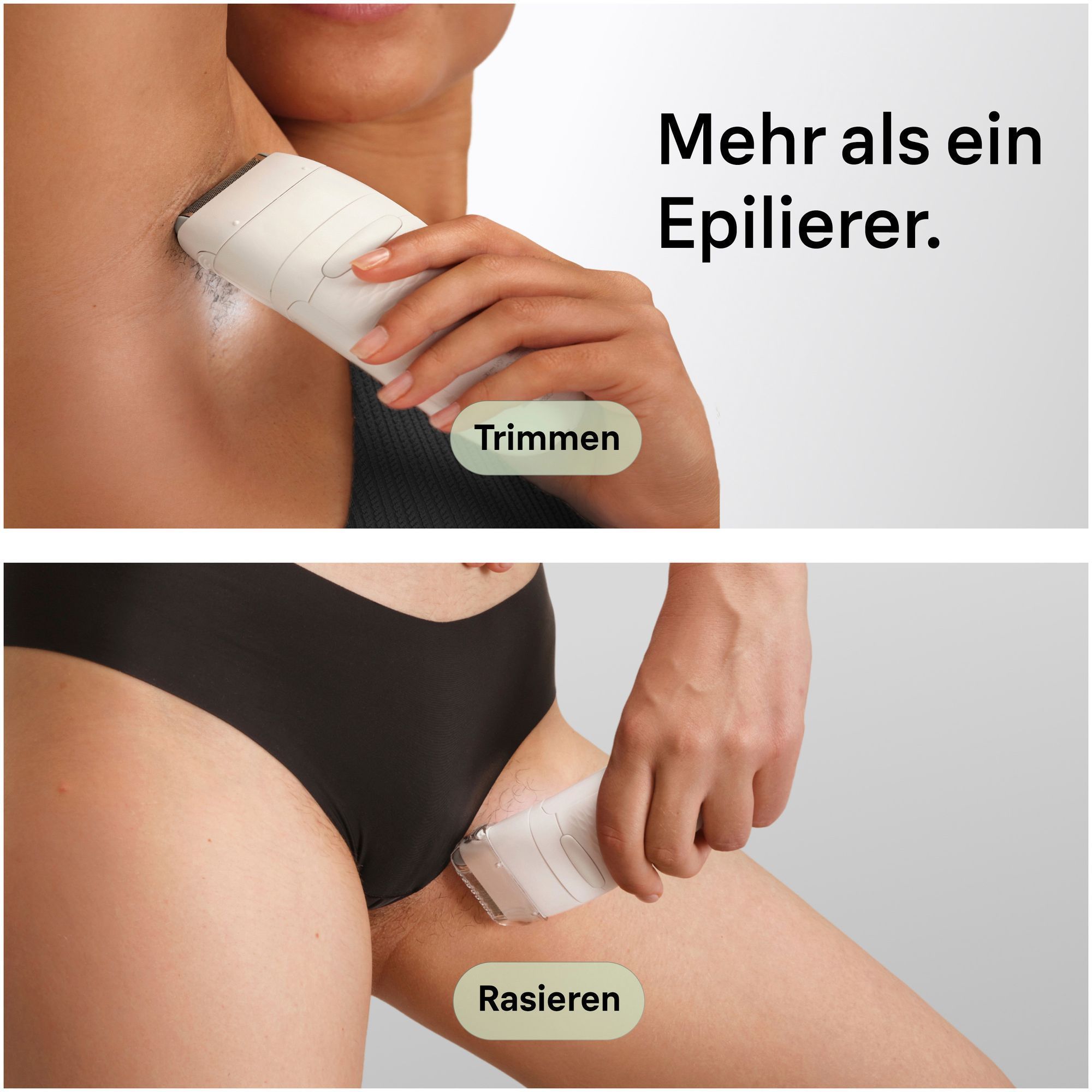 1. Frau verwendet den Silk-epil 7 Rasieraufsatz im Achselbereich.2. Frau verwendet den Silk-epil 7 Trimmeraufsatz im Intimbereich.