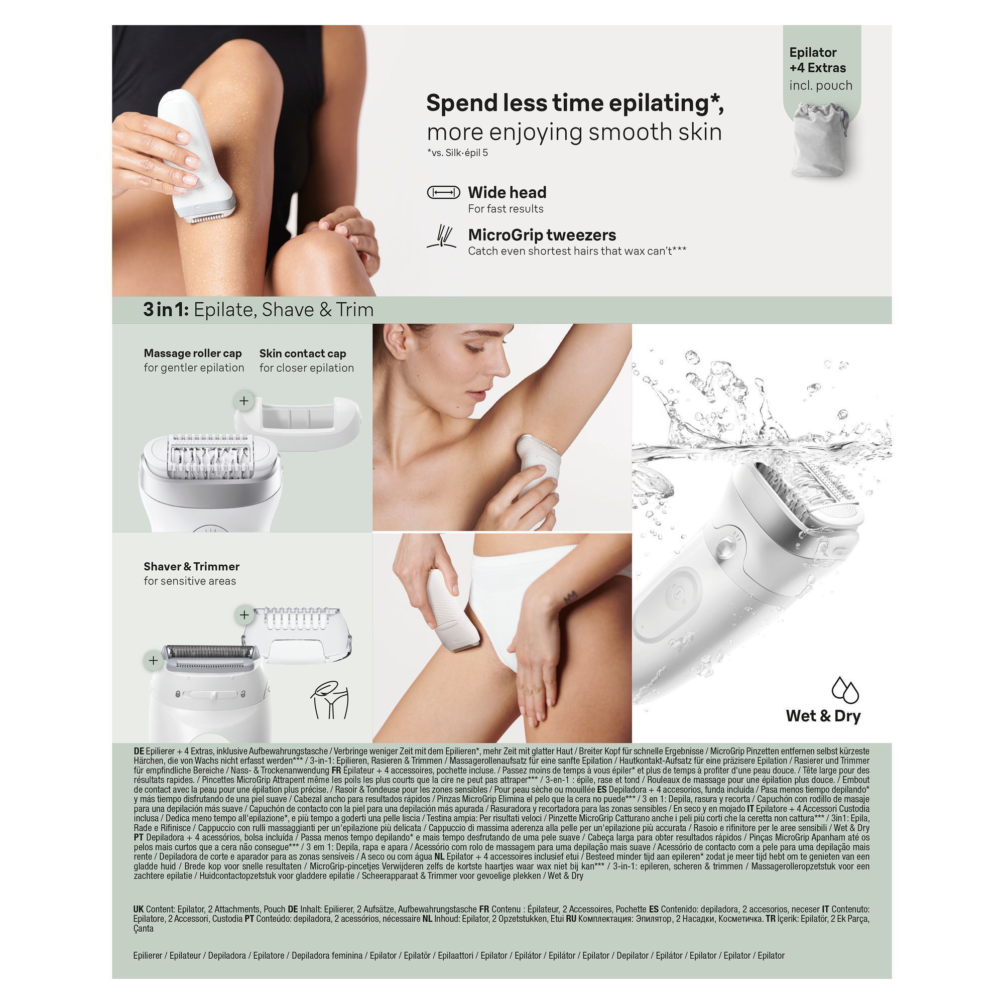 Back panel of the Braunâ¯SilkâÃ©pilâ¯7 pack, featuring images of women using the epilator and showcasing all of the SilkâÃ©pilâ¯7âs features.
