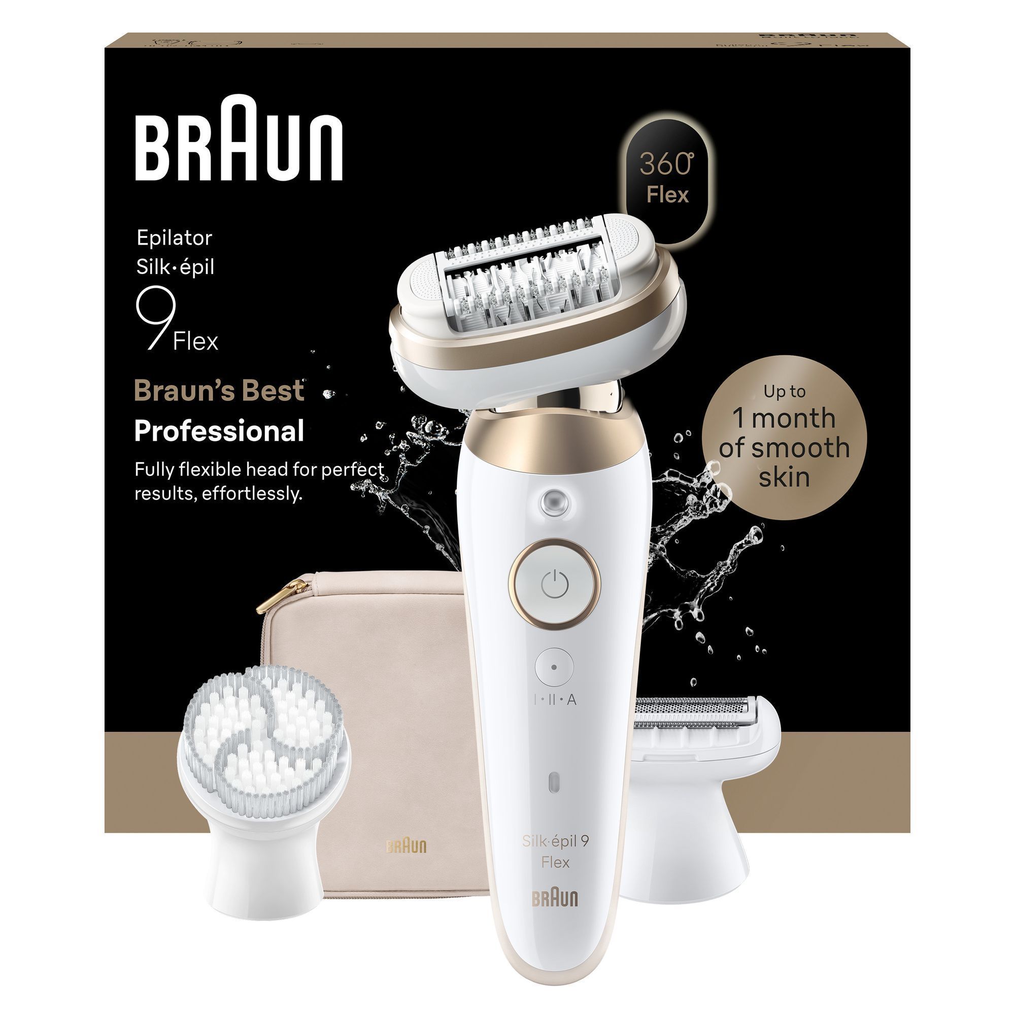 Front view product rendering of Silk-Ã©pil 9 Flex with pouch, exfoliation brush, shaver head and Packaging shot behind rendering on white background.