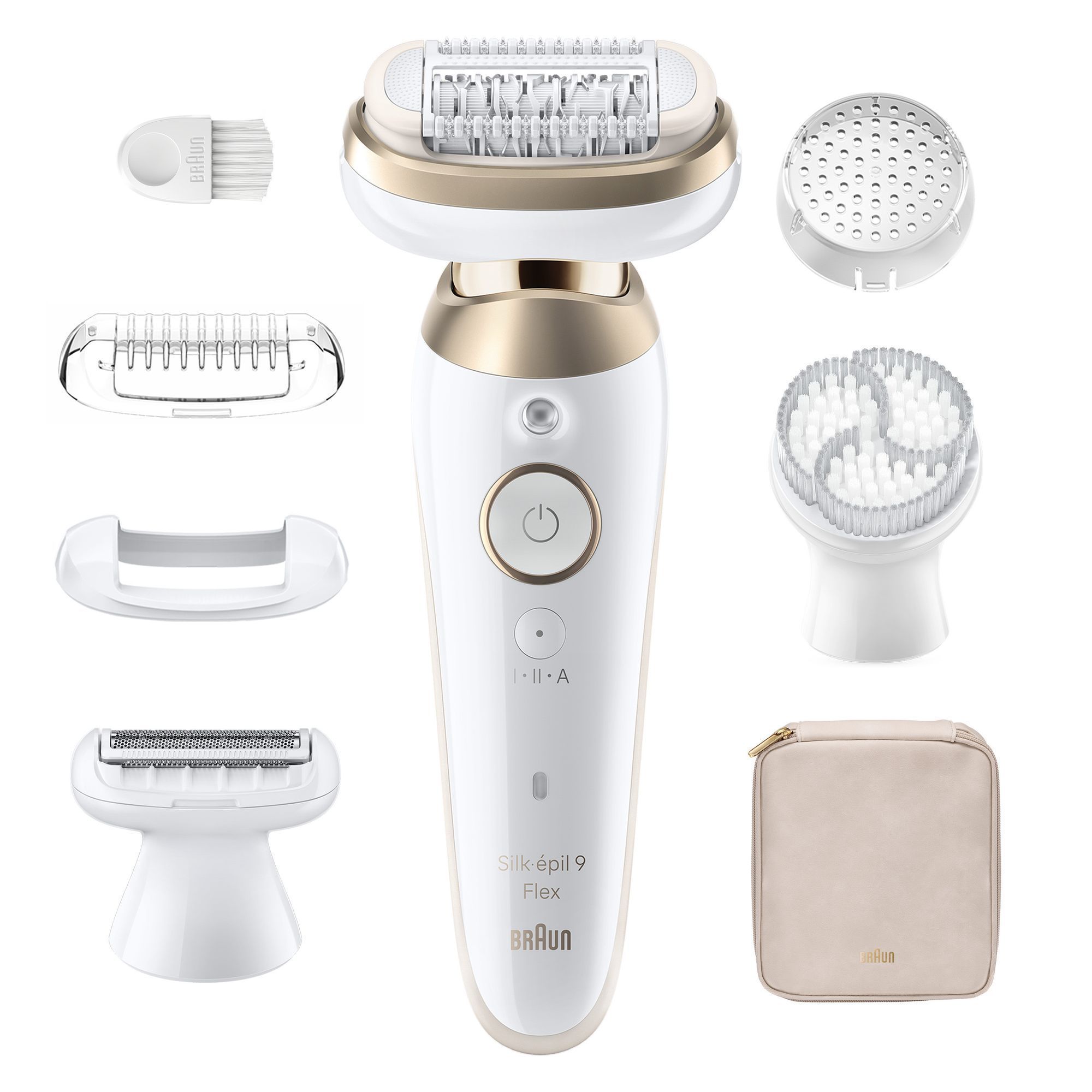 Silk-Ã©pil 9 Flex with cleaning brush, pouch, skin contact cap, exfoliation brush, shaver head and trimmer comb next to the rendering on white background.