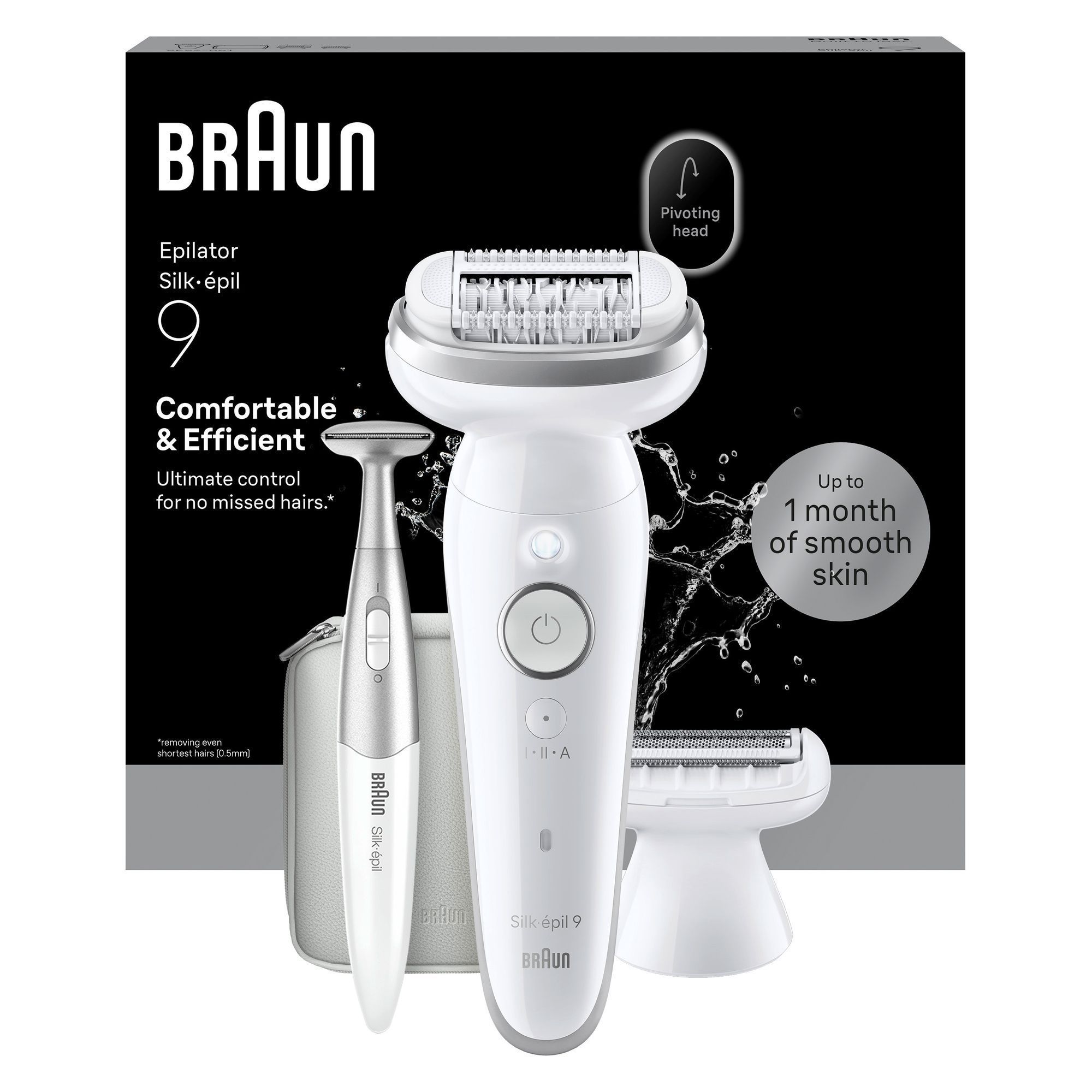 Front view of Silk-épil 9 with pouch, exfoliation brush, shaver head, bikini trimmer and Packaging shot behind rendering on white background.