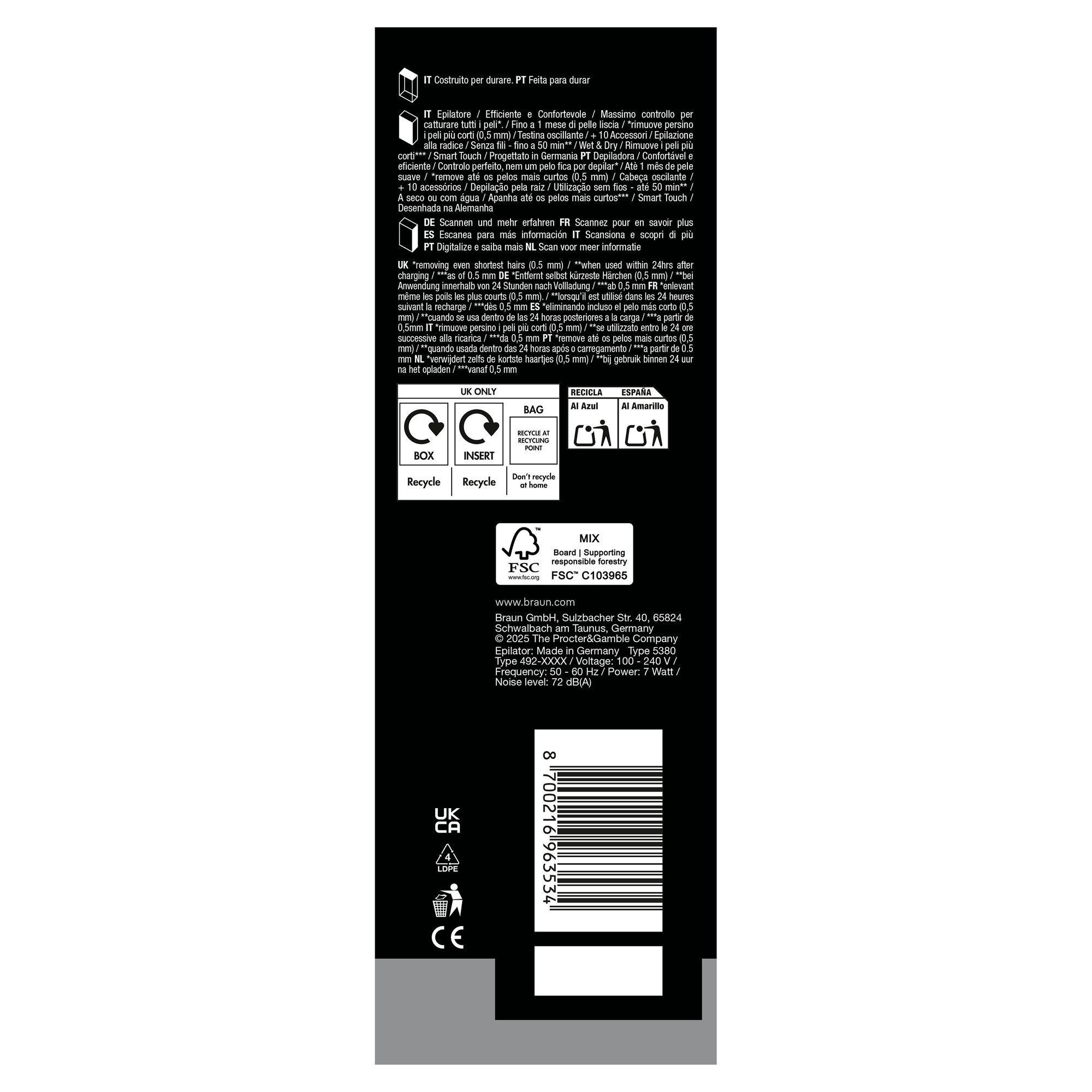 Bottom panel of Braun Silk-Ã©pil 9 pack with Braun adresses for multiple countries.