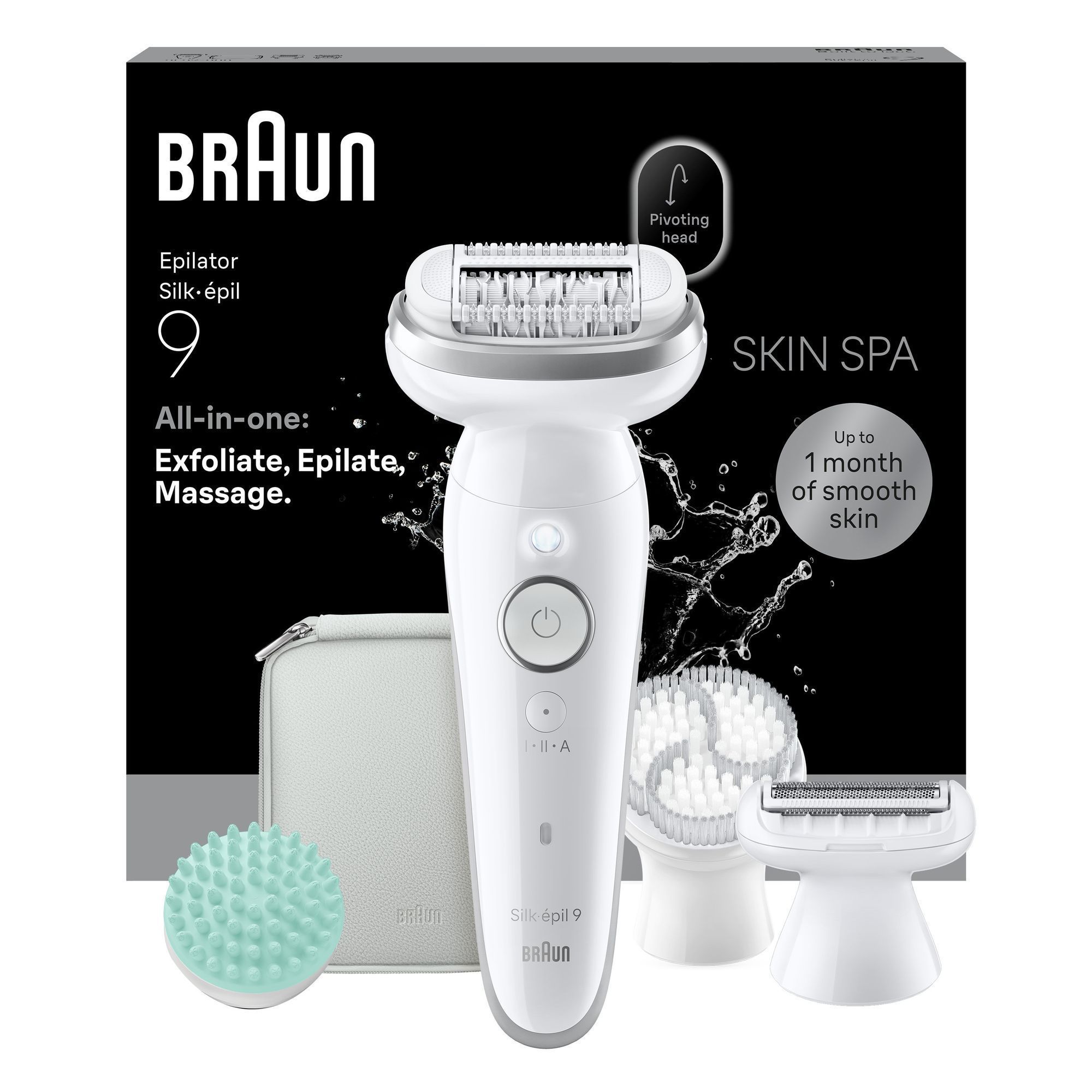 Front view product rendering of Silk-Ã©pil 9 with pouch, exfoliation brush, shaver head, massage pad and Packaging shot behind rendering on white background.