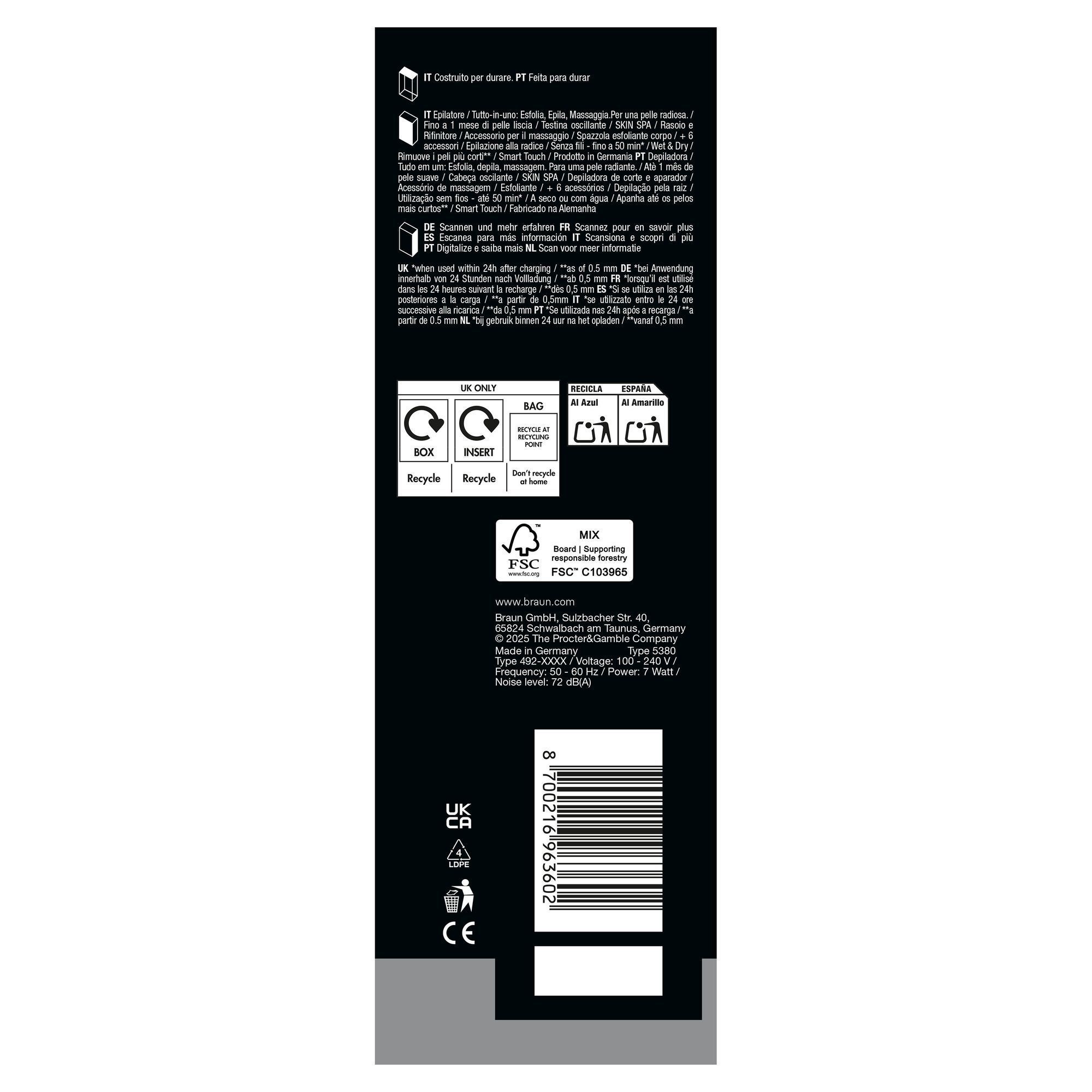 Bottom panel of Braun Silk-Ã©pil 9 pack with Braun adresses for multiple countries.