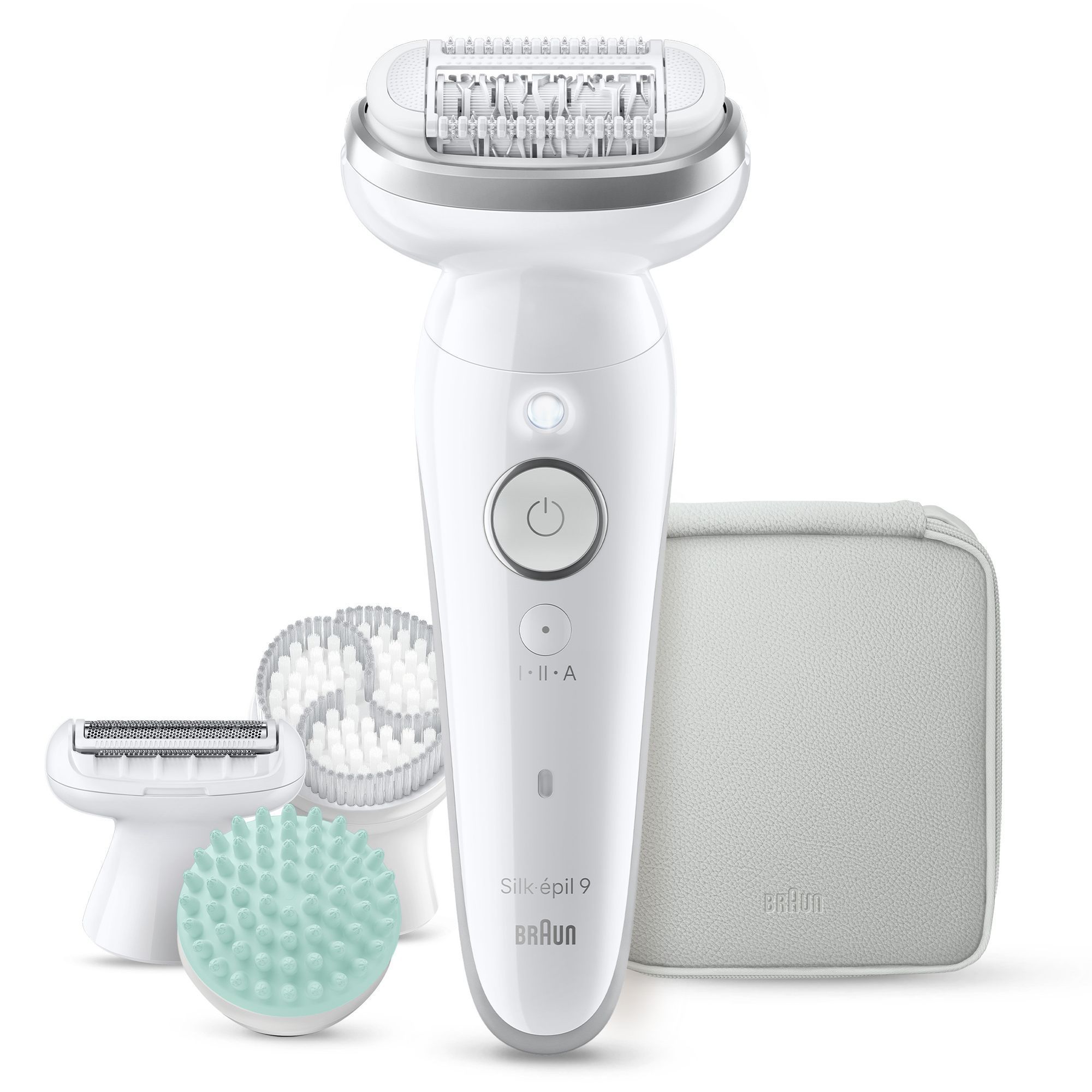 Front view product rendering of Silk-Ã©pil 9 with pouch, exfoliation brush, shaver head, massage padand shaver head on white background.