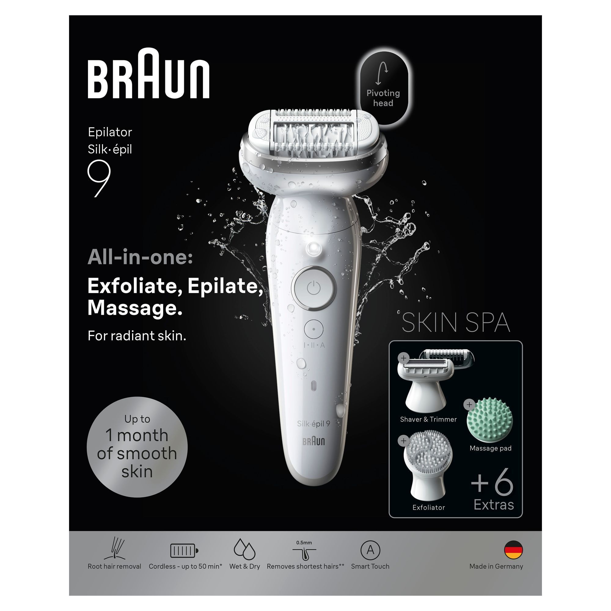 Back panel of the skin spa beauty set pack, featuring images of women using the epilator and showing all of the SilkâÃ©pil 9's features & attachments.