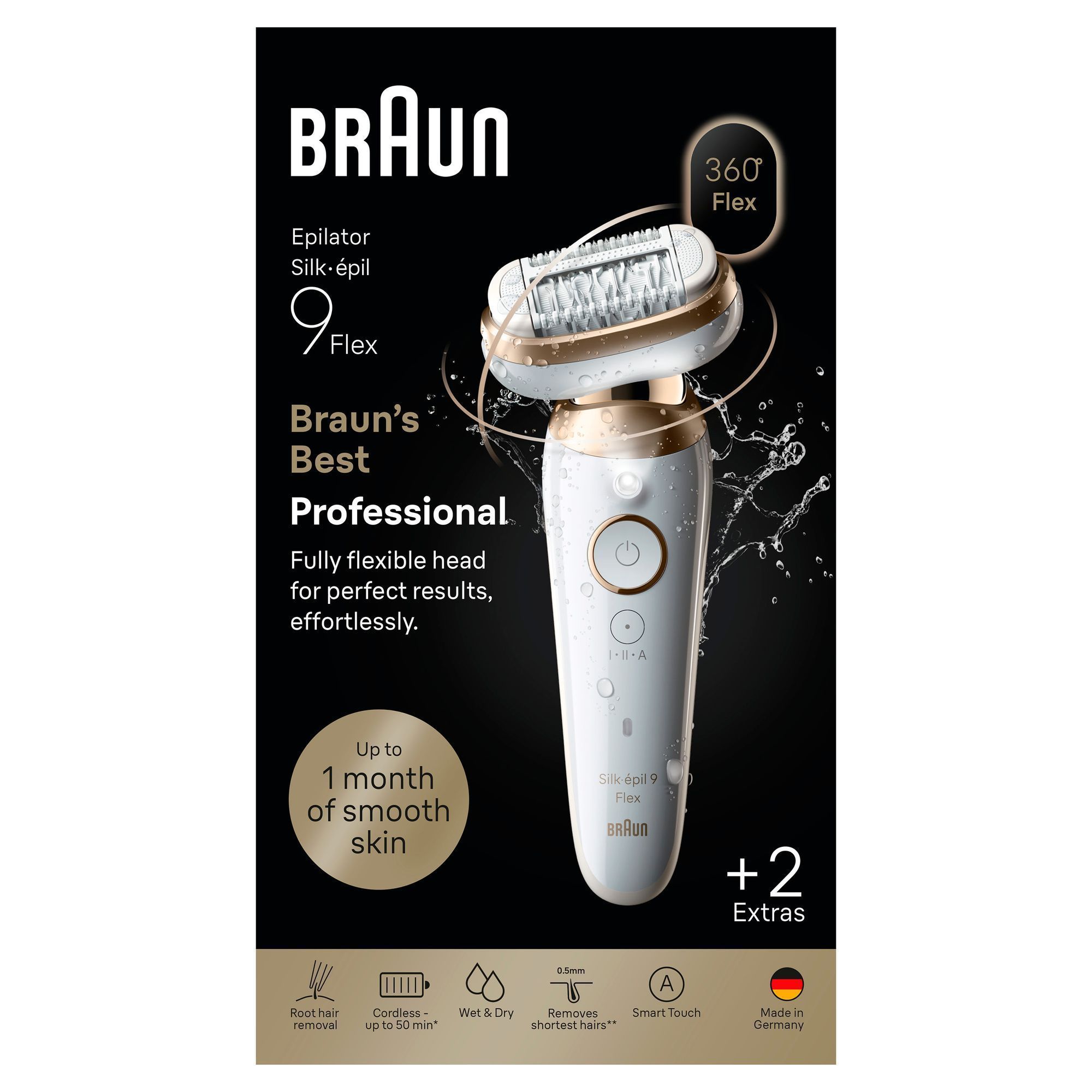 Side panel of Braun Silk-Ã©pil 9 flex pack with manufacturer address.