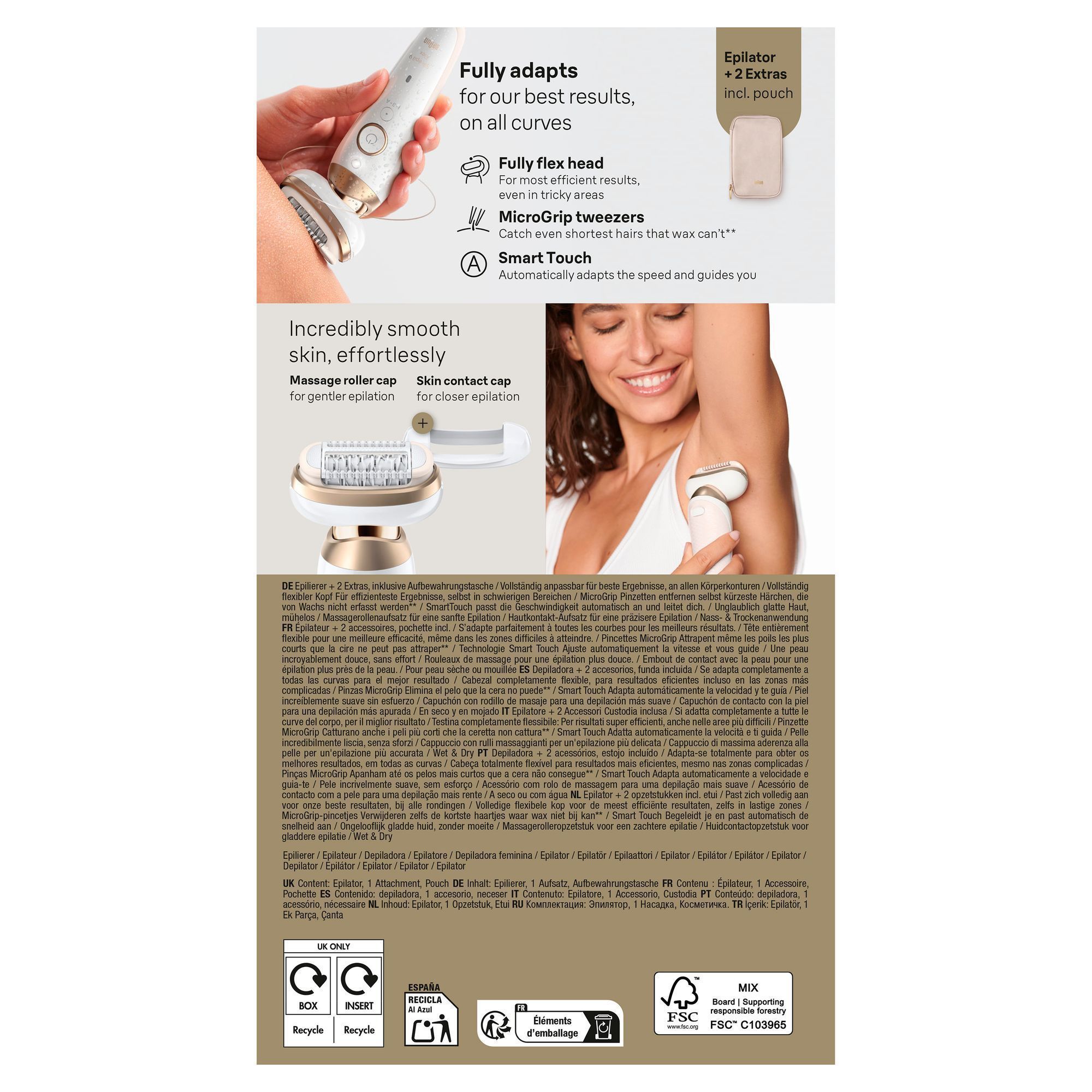 Inner packaging of Braun Silk-Ã©pil 9 flex pack with translation of claim Designed for you. Scan for extra warranty.