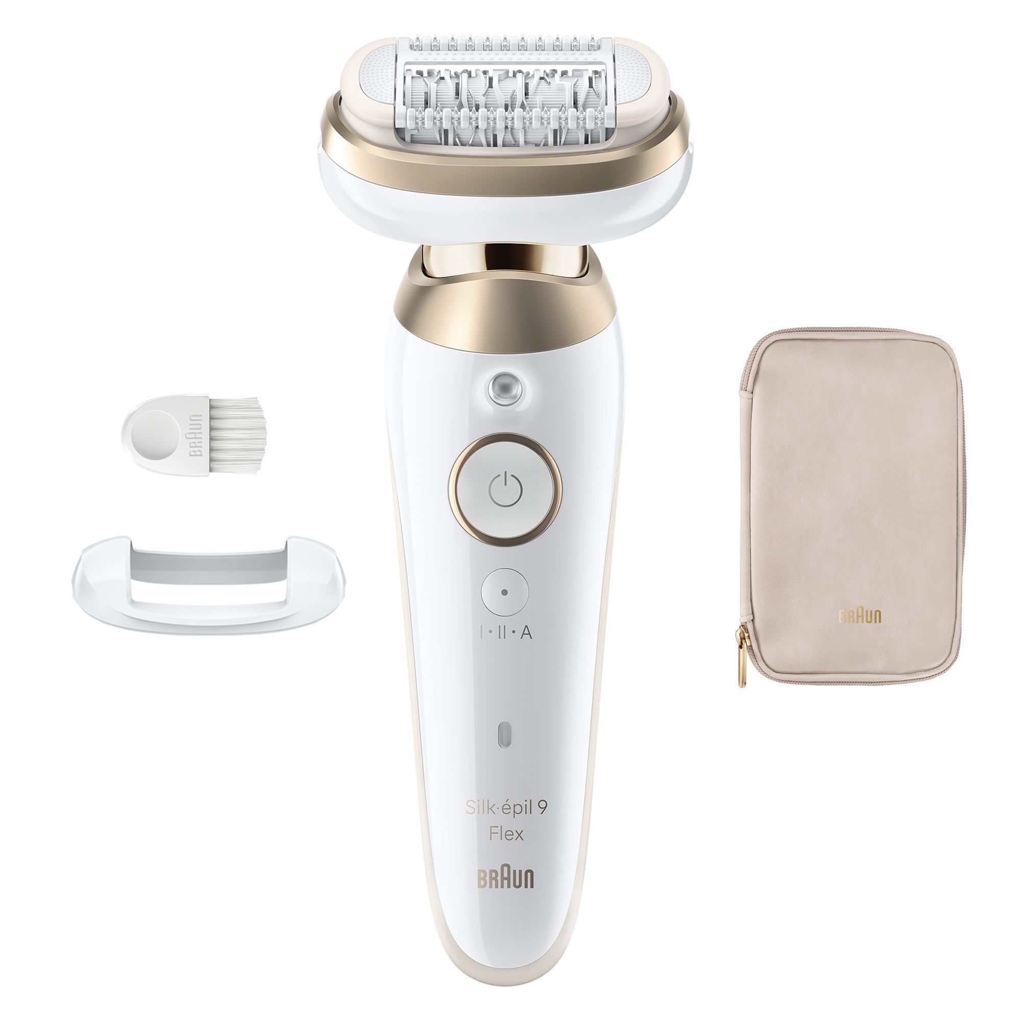 Front view product rendering of Silk-Ã©pil 9 Flex with cleaning brush, skin contact cap and pouch next to the rendering on white background.