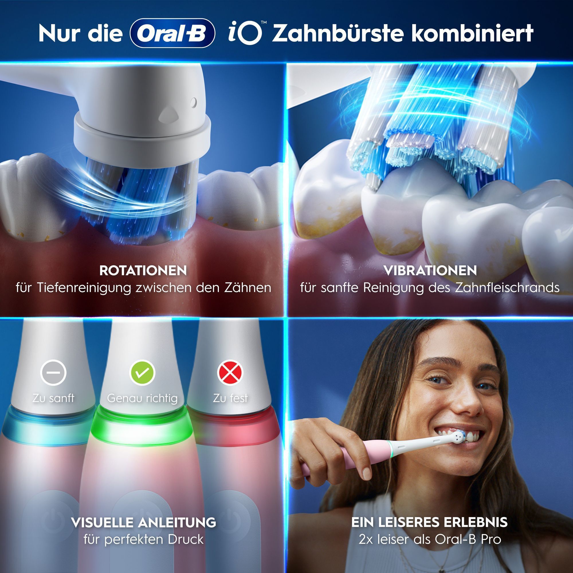 Oral-B iO Zahnbürste: Rotationen, Vibrationen & visuelle Anleitung für perfekten Druck kombiniert.