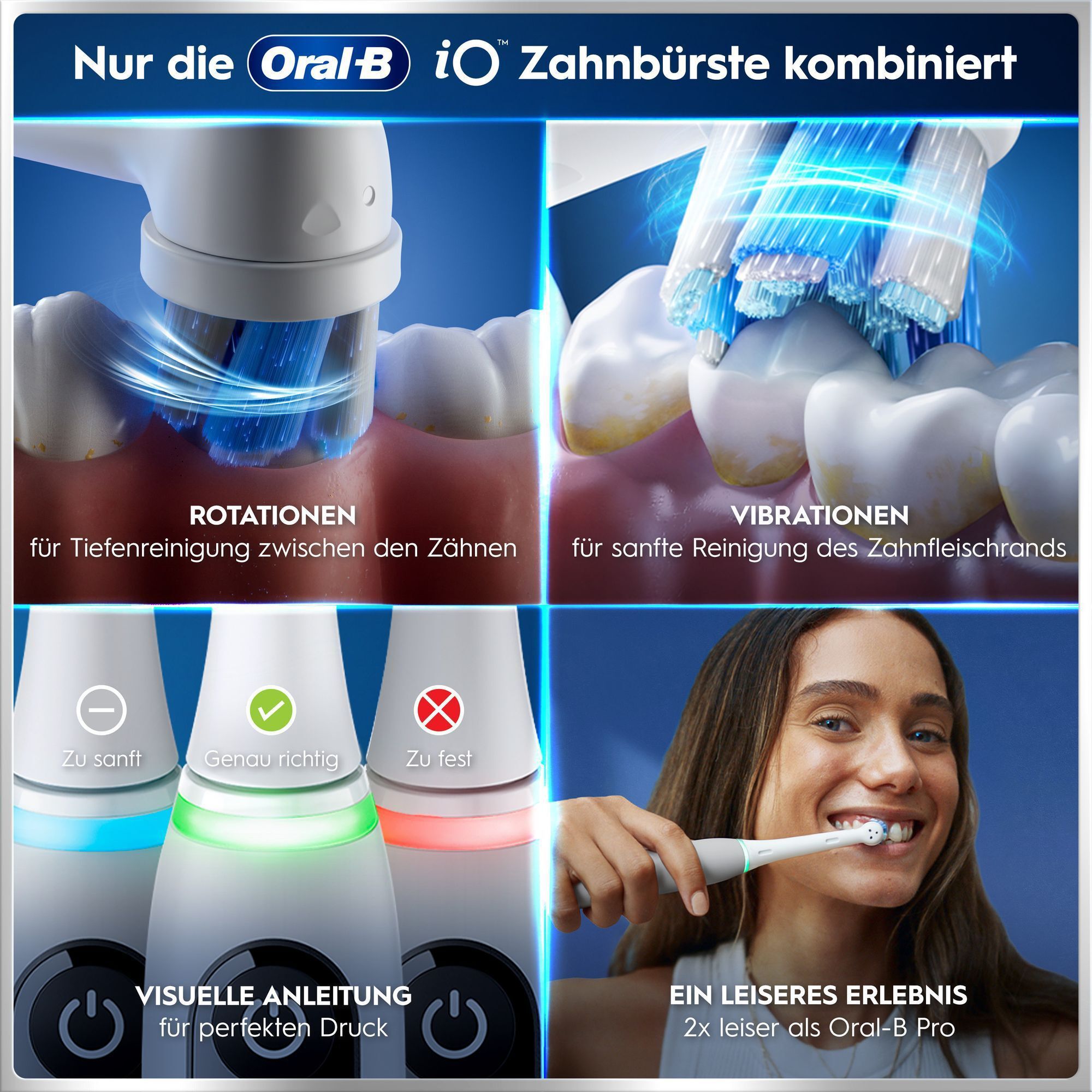 Oral-B iO Zahnbürste: Tiefenreinigung, sanfte Vibration, Druckkontrolle & leises Putzen.