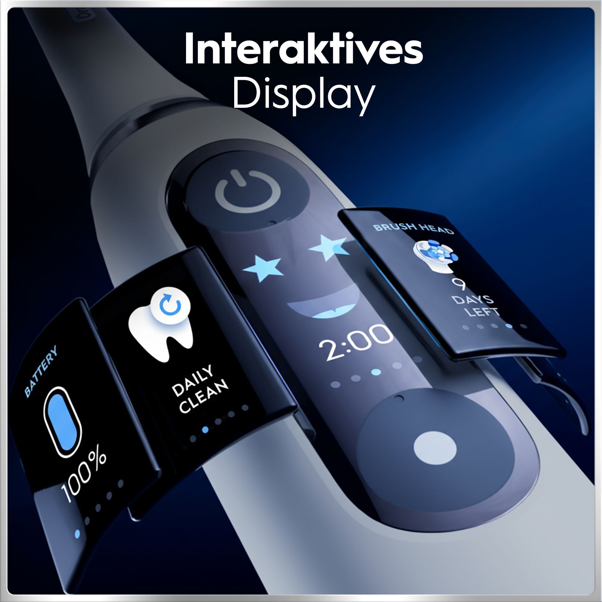 Elektrische Zahnbürste mit interaktivem Display zeigt Putzzeit, Akku und Bürstenkopf-Status.