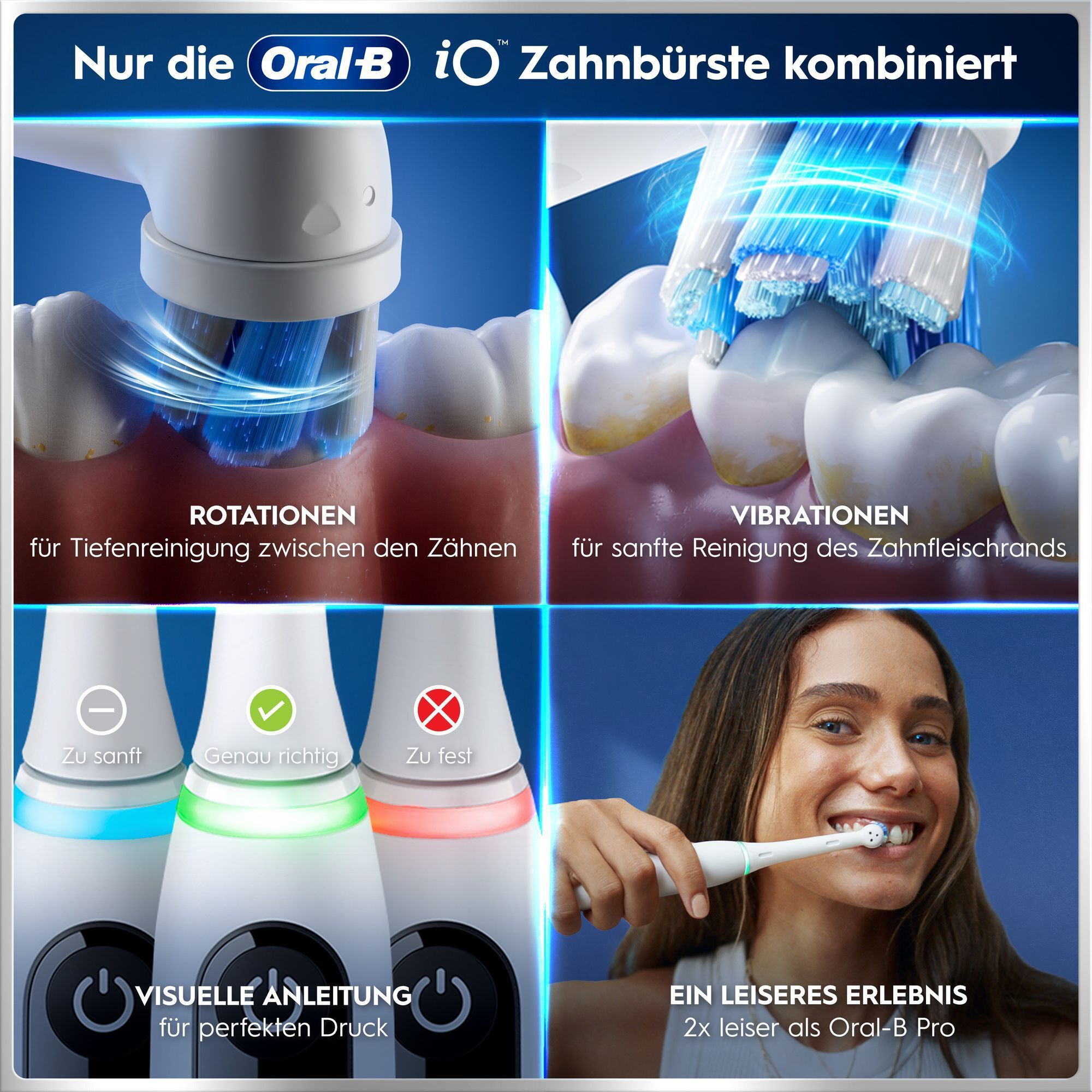 Oral-B iO Zahnbürste: Rotationen, Vibrationen, visueller Andruckkontrolle.