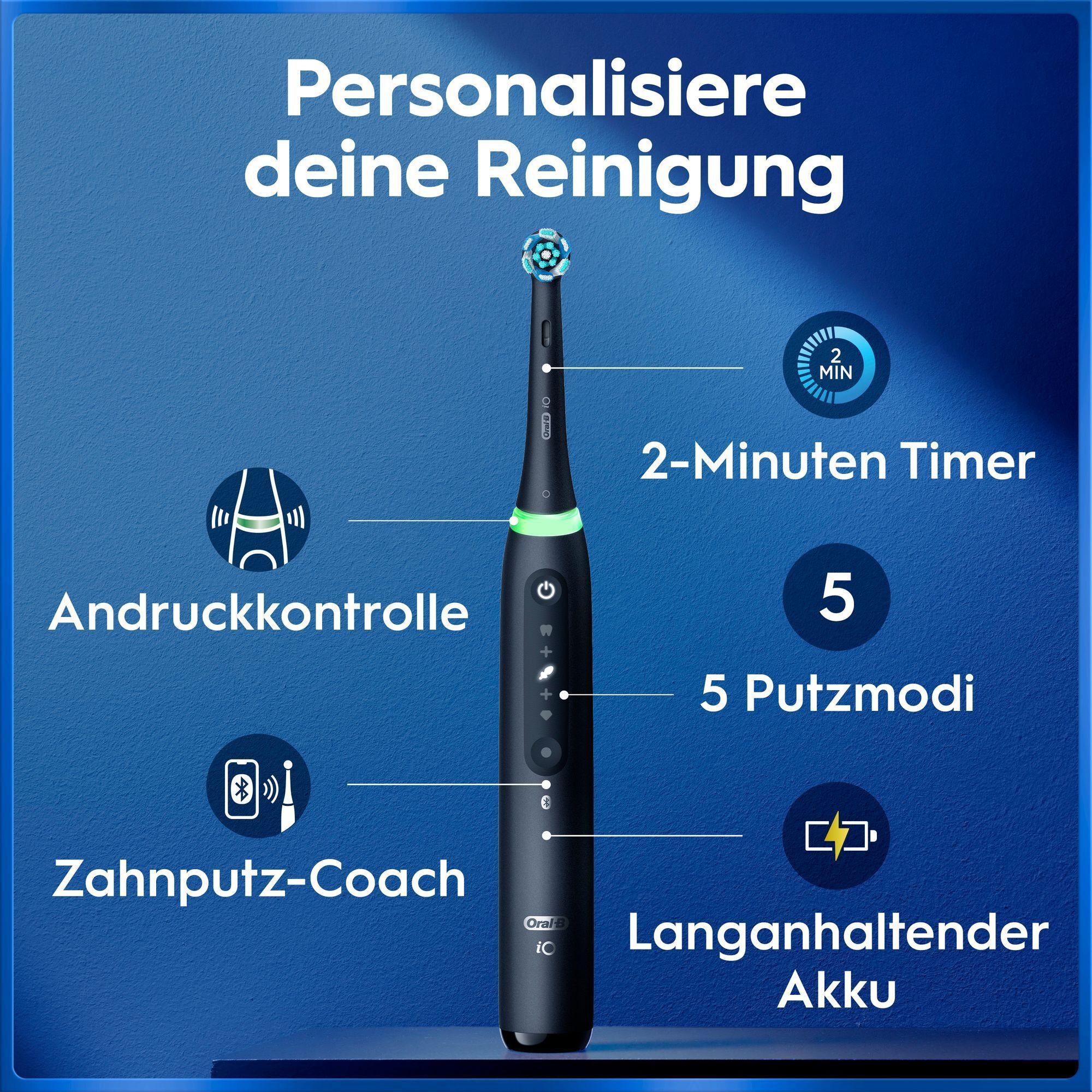 Elektrische Zahnbürste mit 5 Putzmodi, Timer, Akku, Coach und Andruckkontrolle