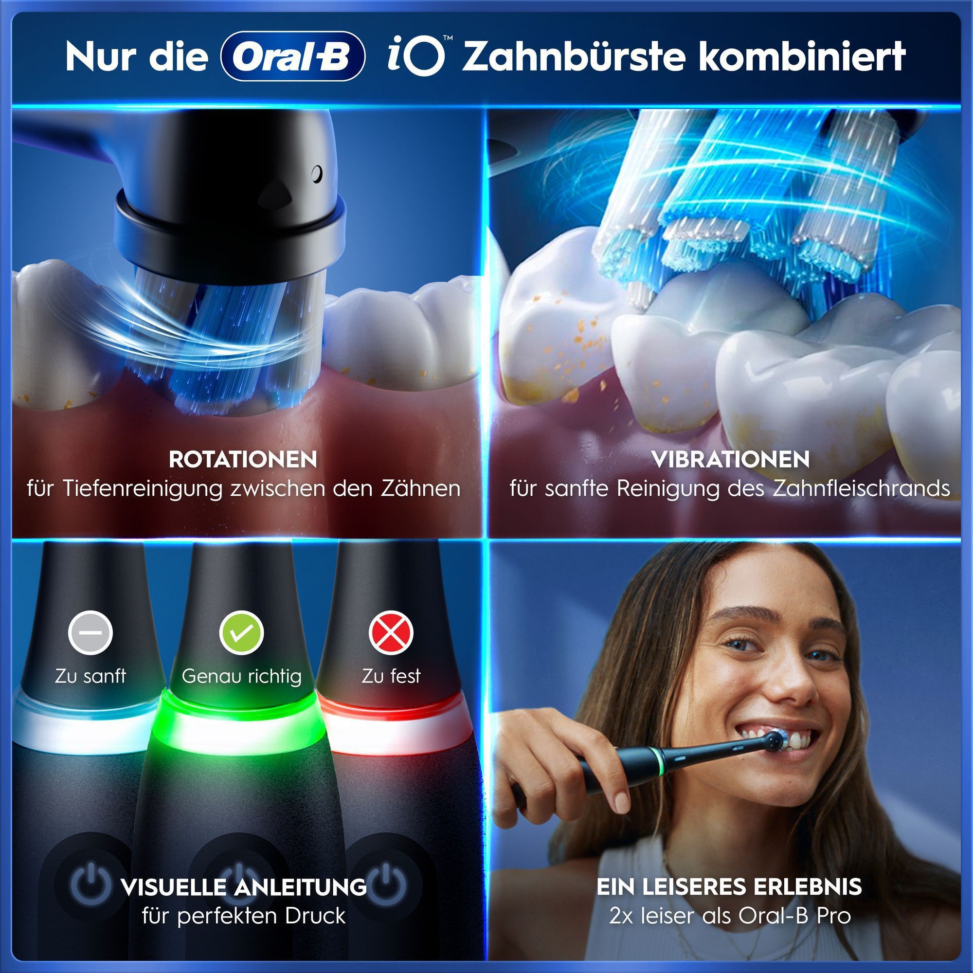 Oral-B iO Zahnbürste kombiniert Rotationen, Vibrationen, Druckkontrolle & leises Putzen für Hygiene.
