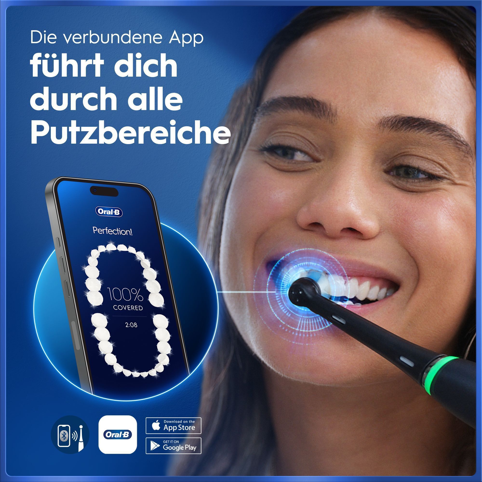 Oral-B App führt durch alle Putzbereiche mit 100% Abdeckung beim Zähneputzen.