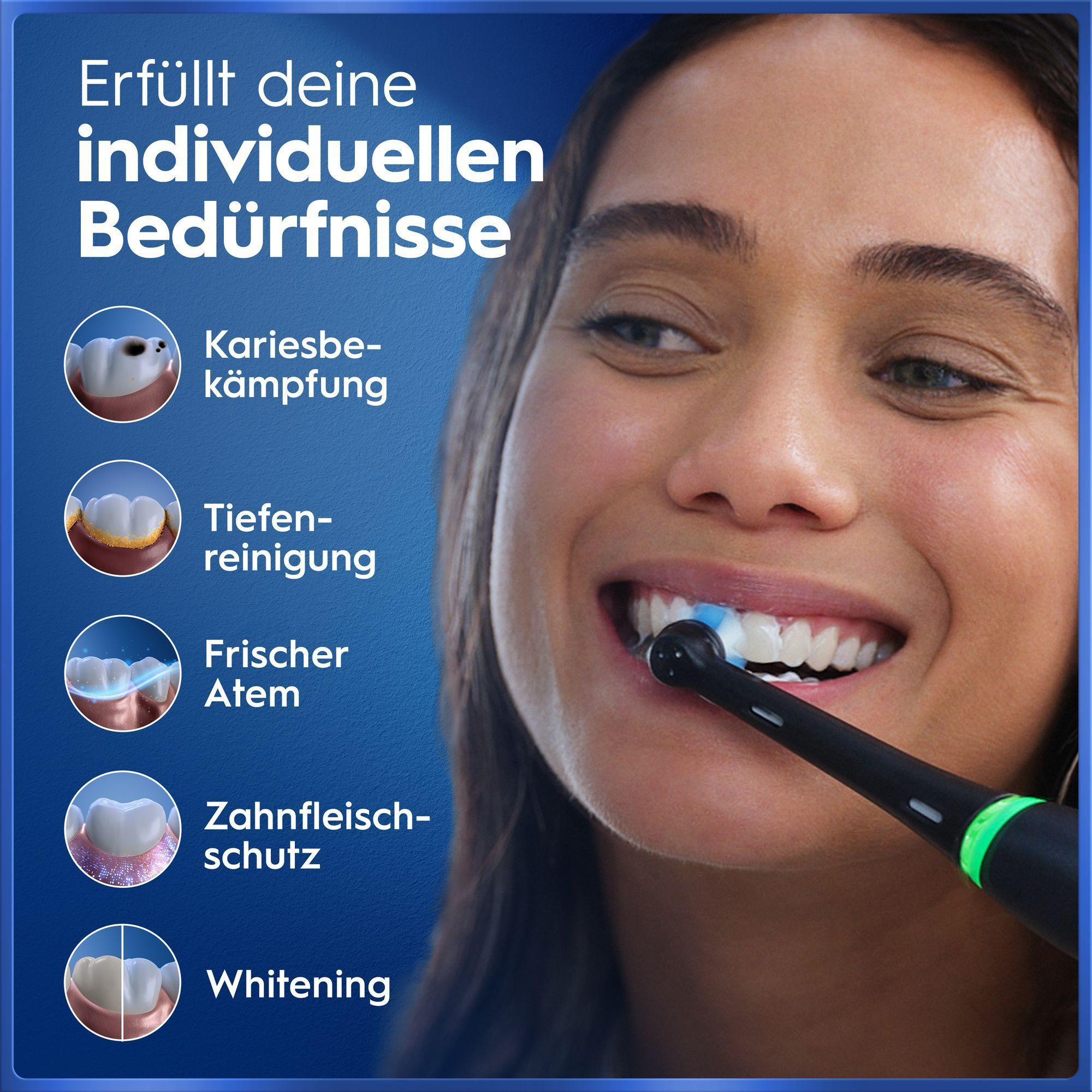Zahnpflegewerbung: Kariesschutz, Tiefenreinigung, frischer Atem, Zahnfleischschutz, Whitening