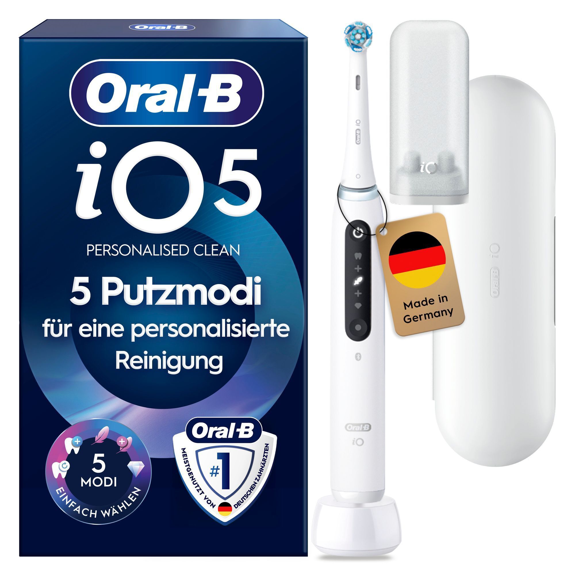 Oral-B iO5 elektrische Zahnbürste mit 5 Putzmodi für personalisierte Reinigung.