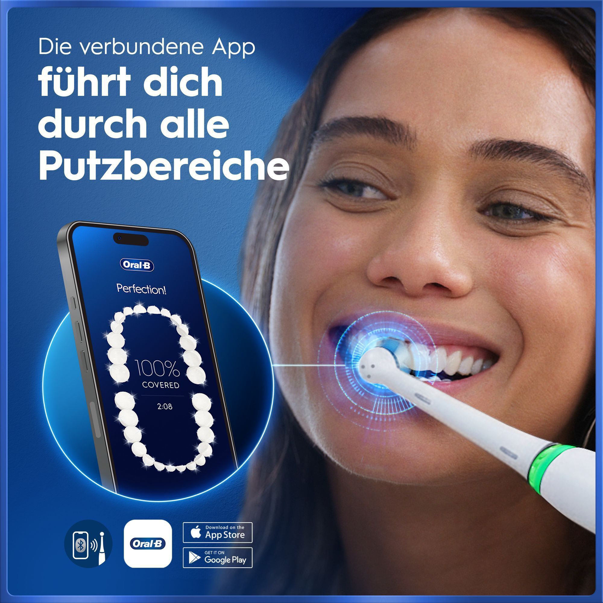 Oral-B App führt durch alle Putzbereiche für 100% Abdeckung.