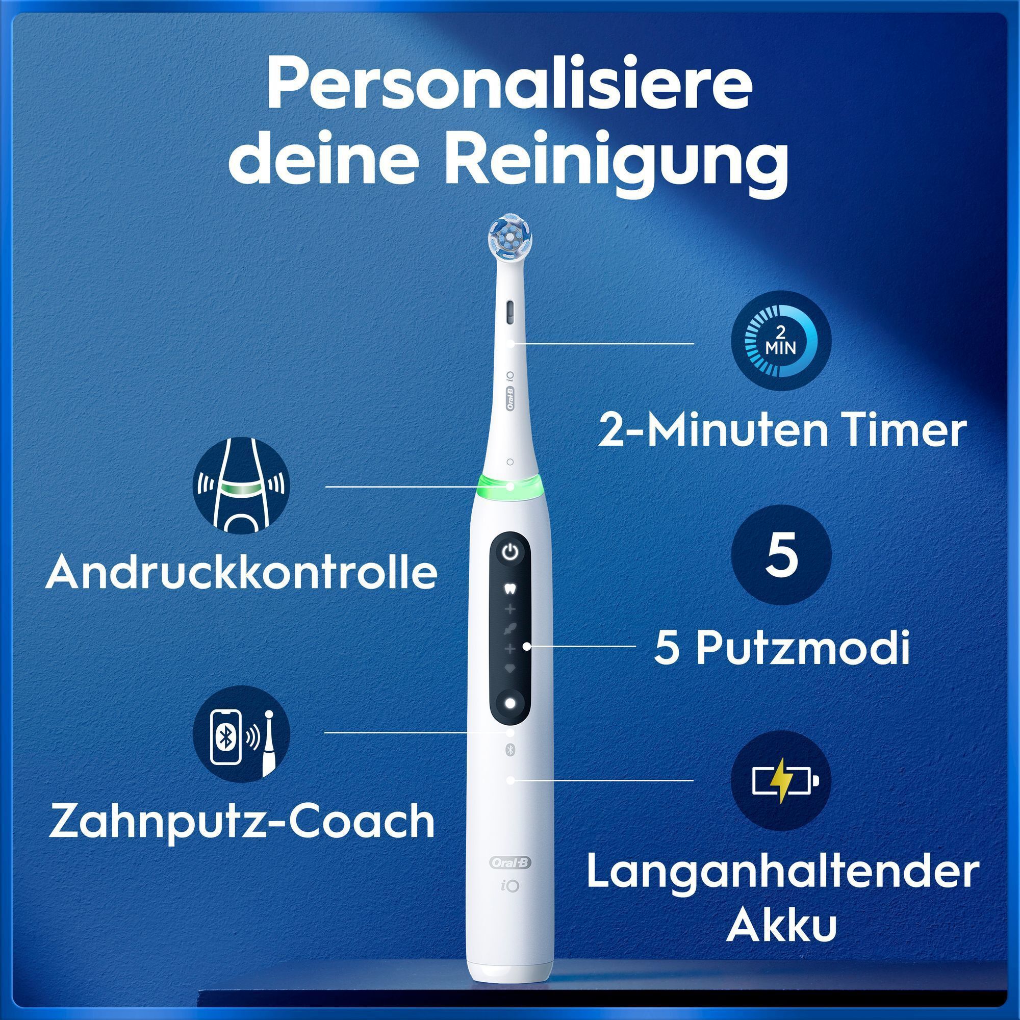 Elektrische Zahnbürste mit 5 Putzmodi, Timer, Akku, Coach und Andruckkontrolle