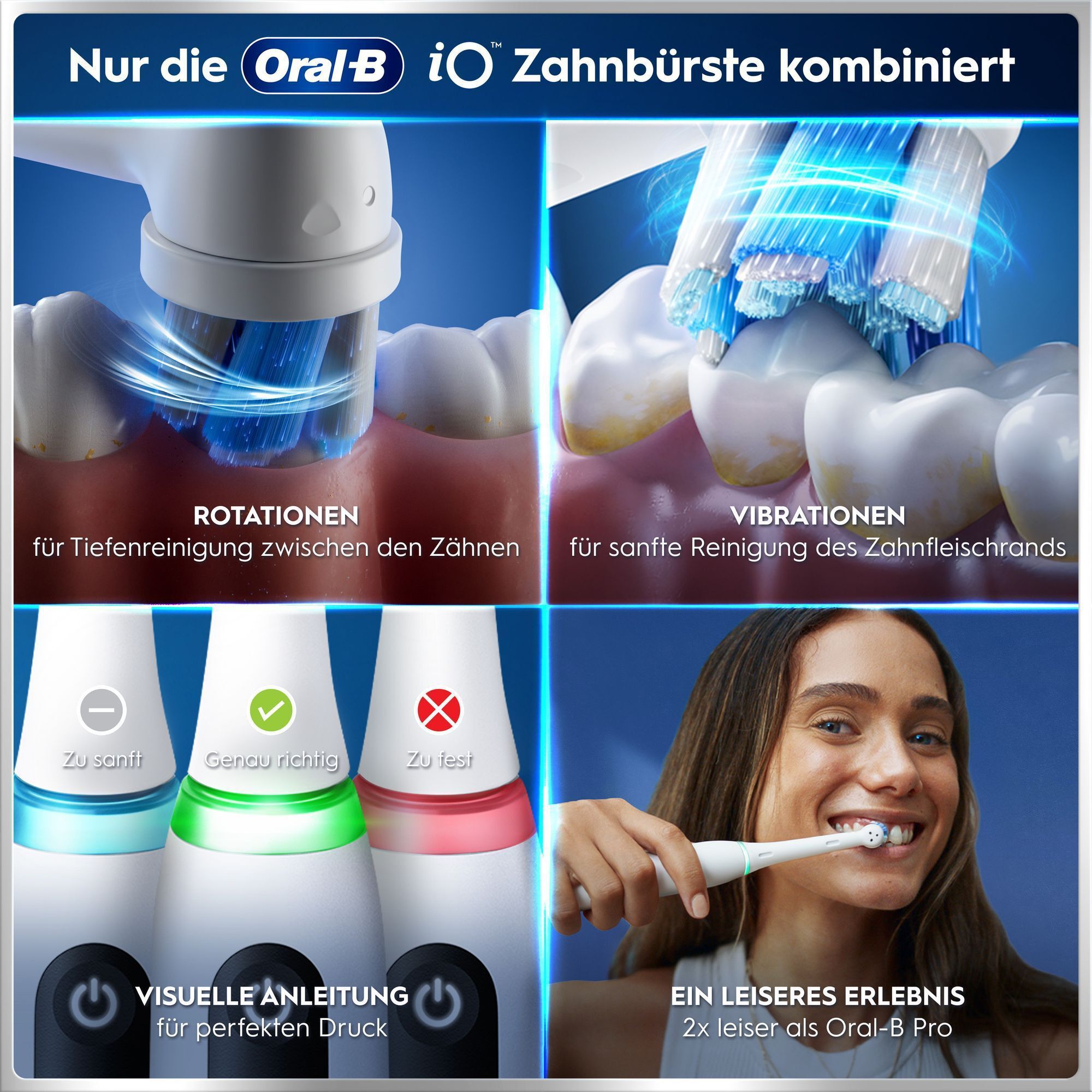 Oral-B iO Zahnbürste kombiniert Rotationen, Vibrationen und Druckkontrolle.