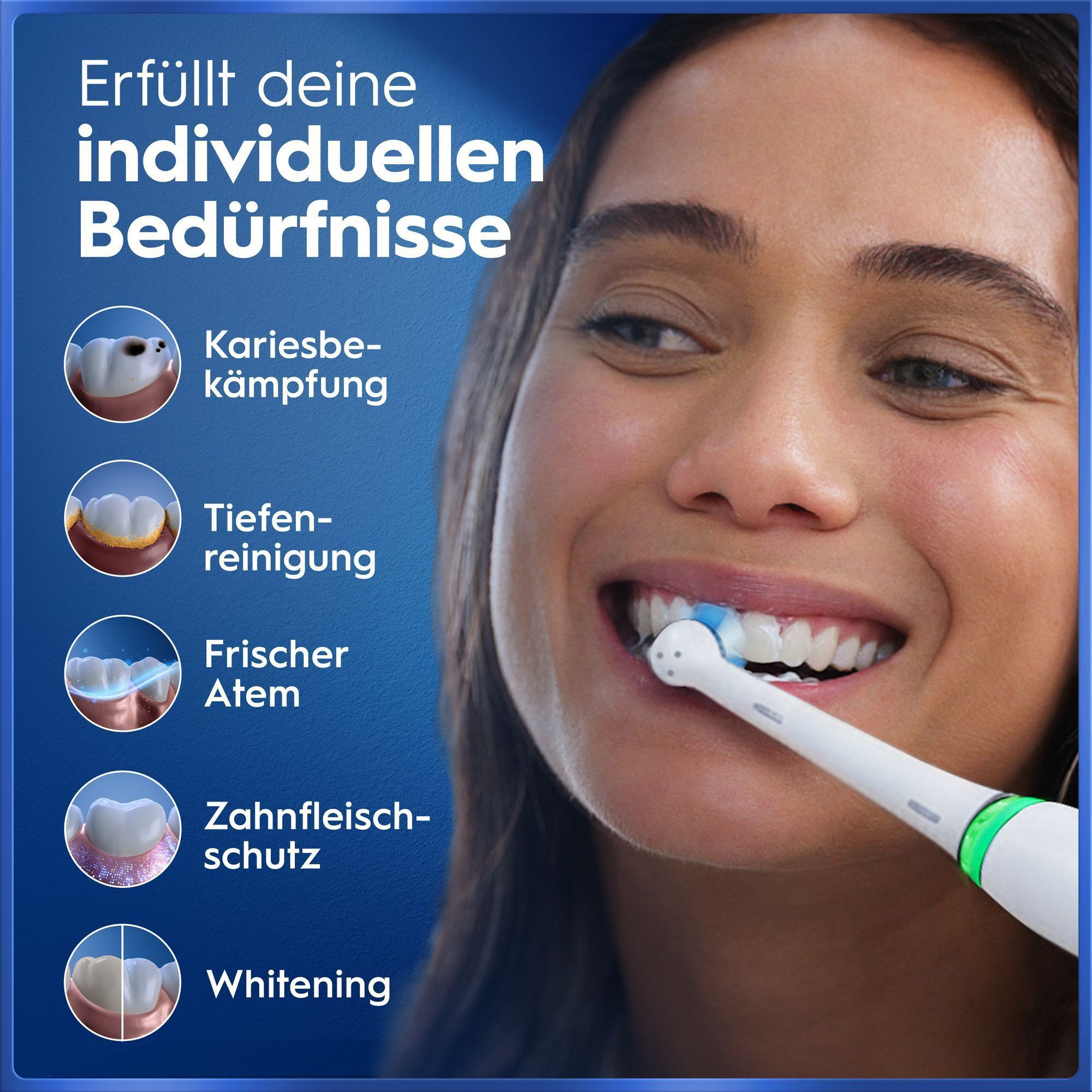 Zahnpflegewerbung: Kariesschutz, Tiefenreinigung, frischer Atem, Zahnfleischschutz, Whitening