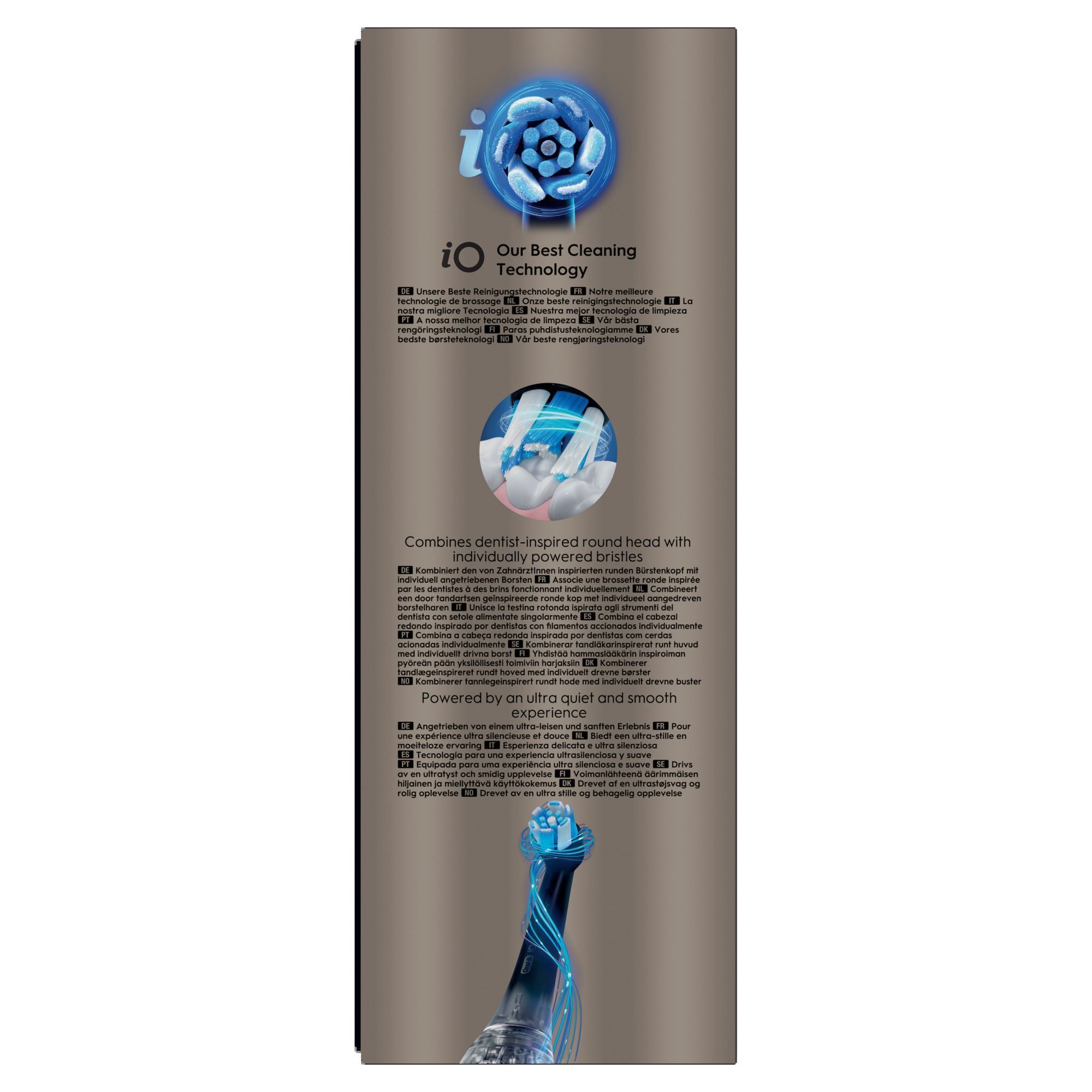 Oral-B iO Zahnbürstenverpackung, die mit einem von Zahnärzten inspirierten runden Bürstenkopf mit individuell angetriebenen Borsten kombiniert.