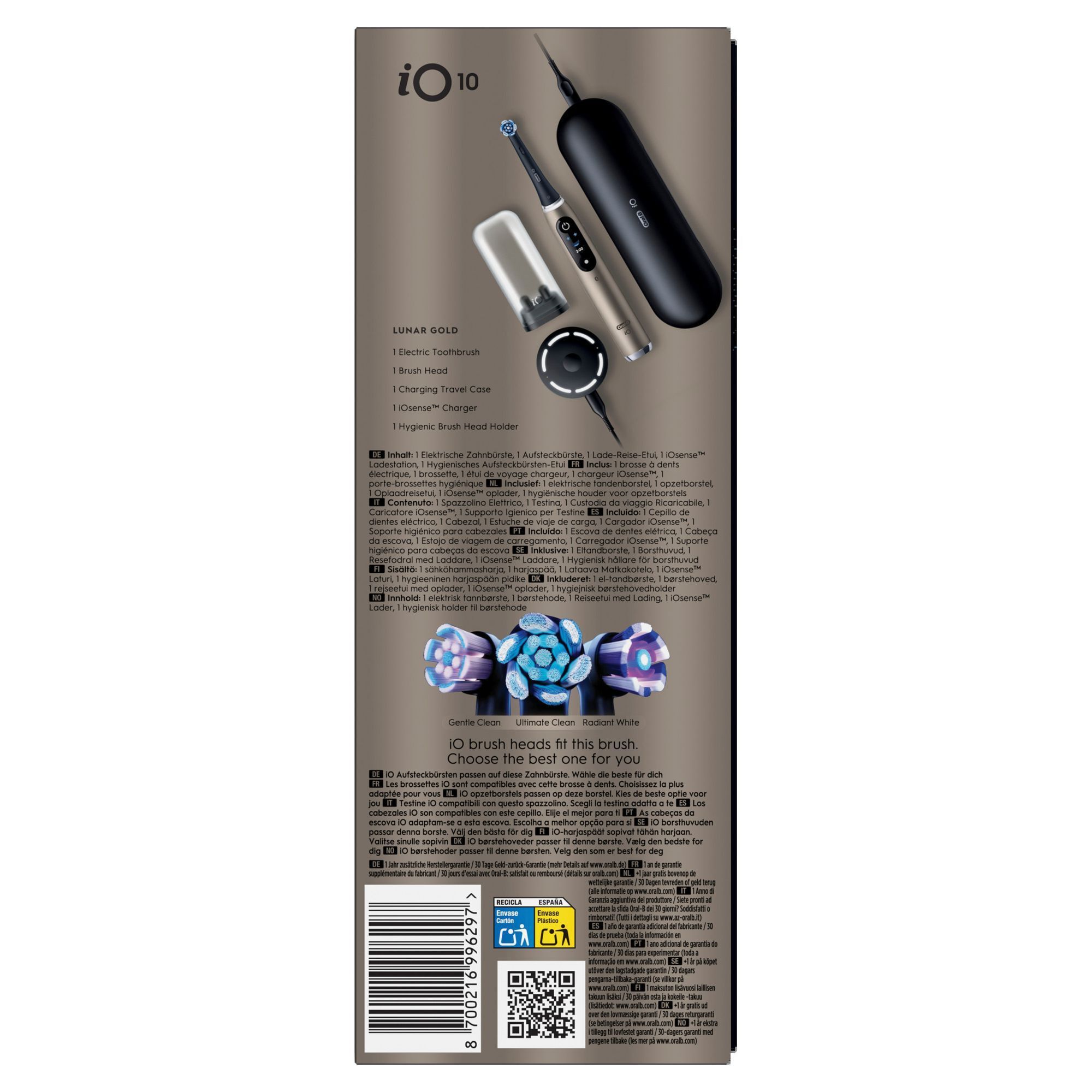 Oral-B iO 10 Lunar Gold elektrische Zahnbürste mit Ladestation, Reiseetui und verschiedenen Aufsteckbürsten.