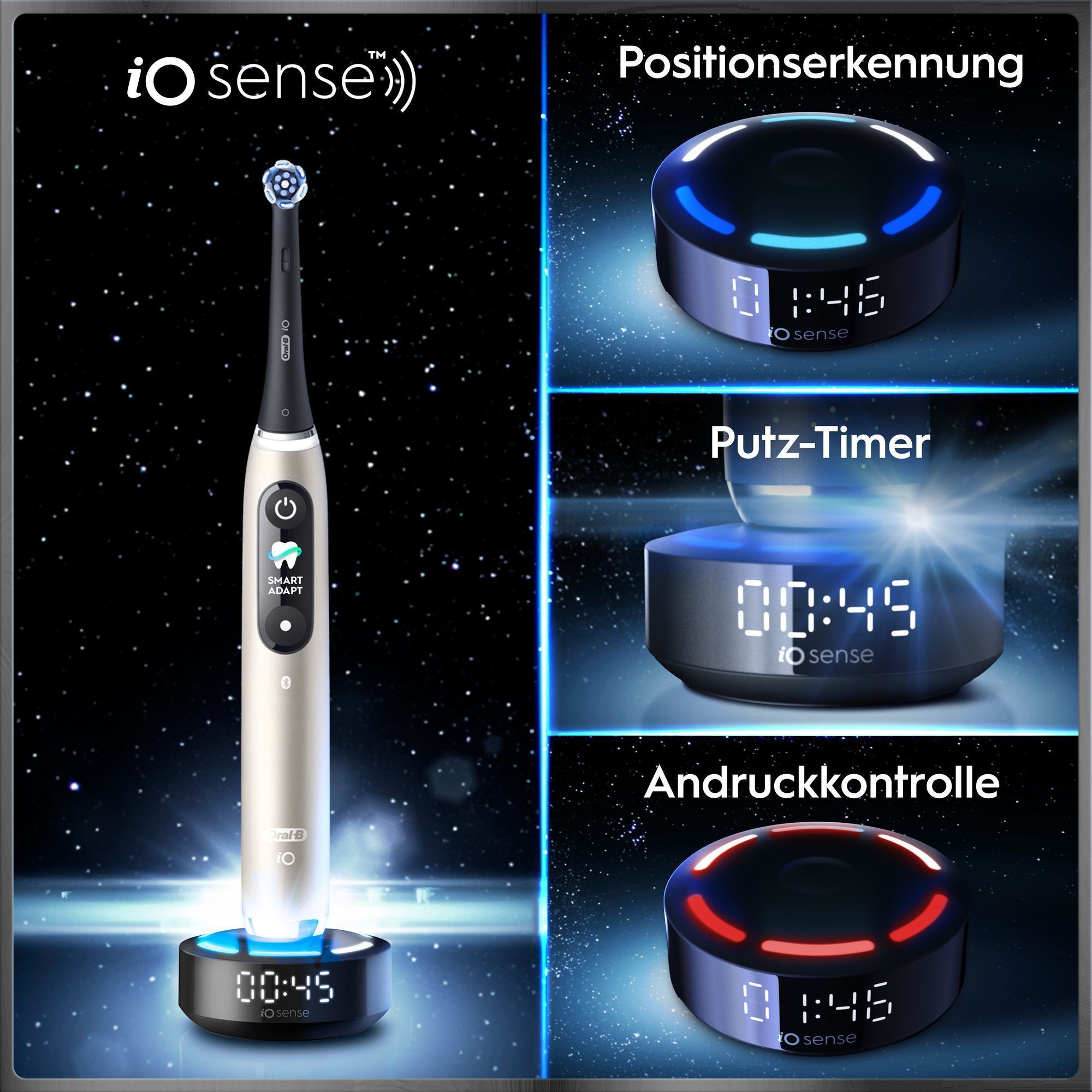 IO Sense Zahnbürste mit Positionserkennung, Putz-Timer und Andruckkontrolle auf Ladestation.