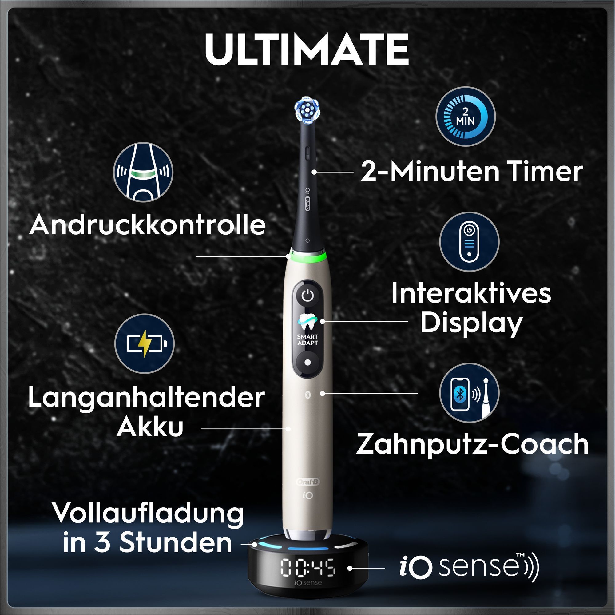 Elektrische Zahnbürste mit Timer, Andruckkontrolle, Display und schneller Aufladung