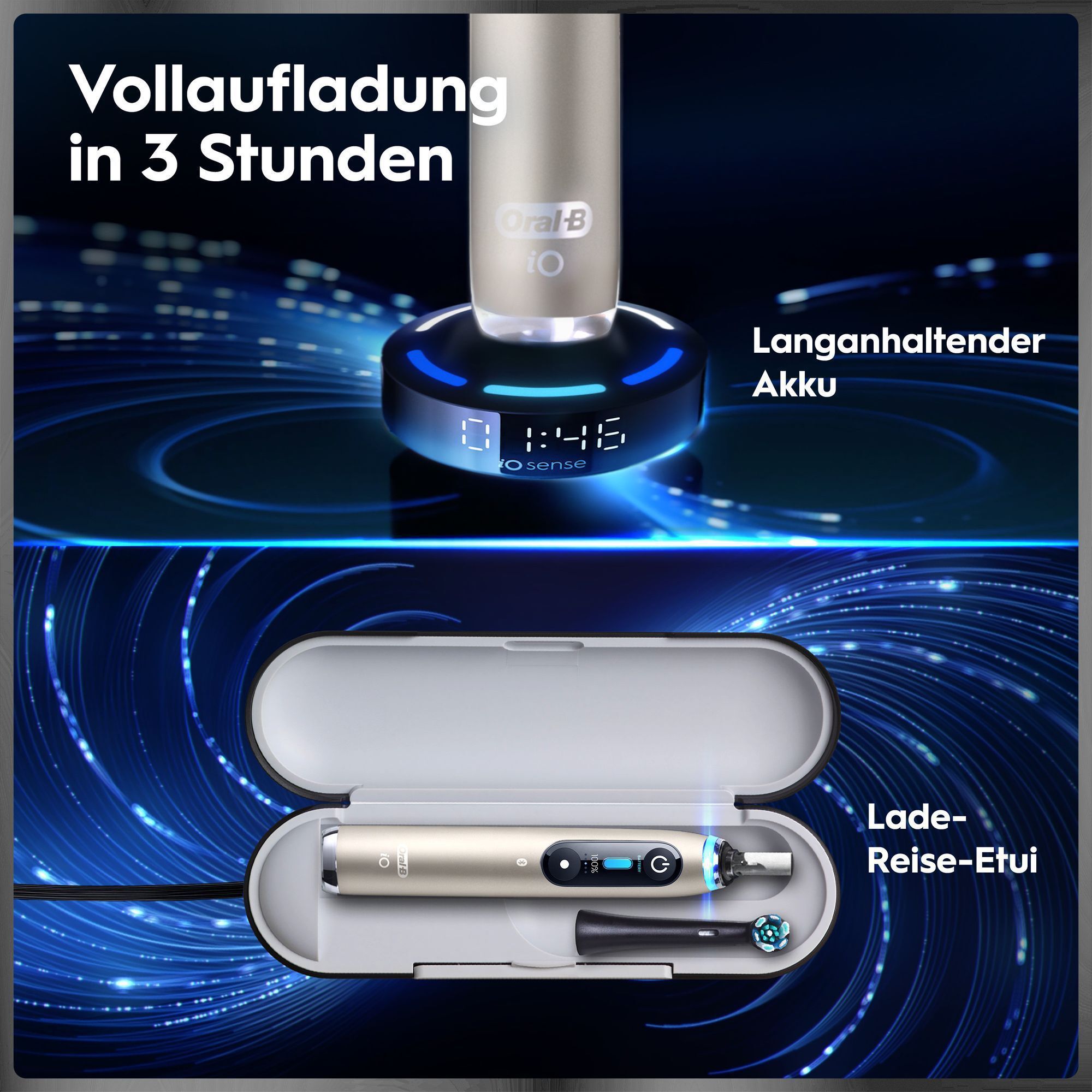 Oral-B iO Zahnbürste mit Schnellladefunktion, Ladestation und Reise-Etui auf blauem Hintergrund.