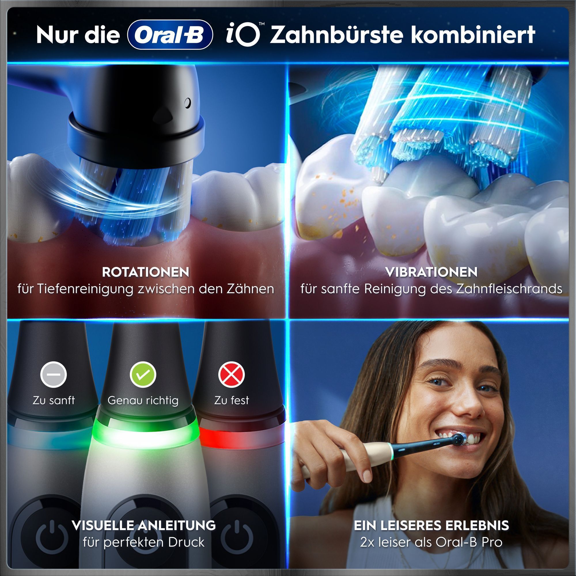 Oral-B iO Zahnbürste kombiniert Rotationen, Vibrationen und visuellen Putzdruck für beste Reinigung.