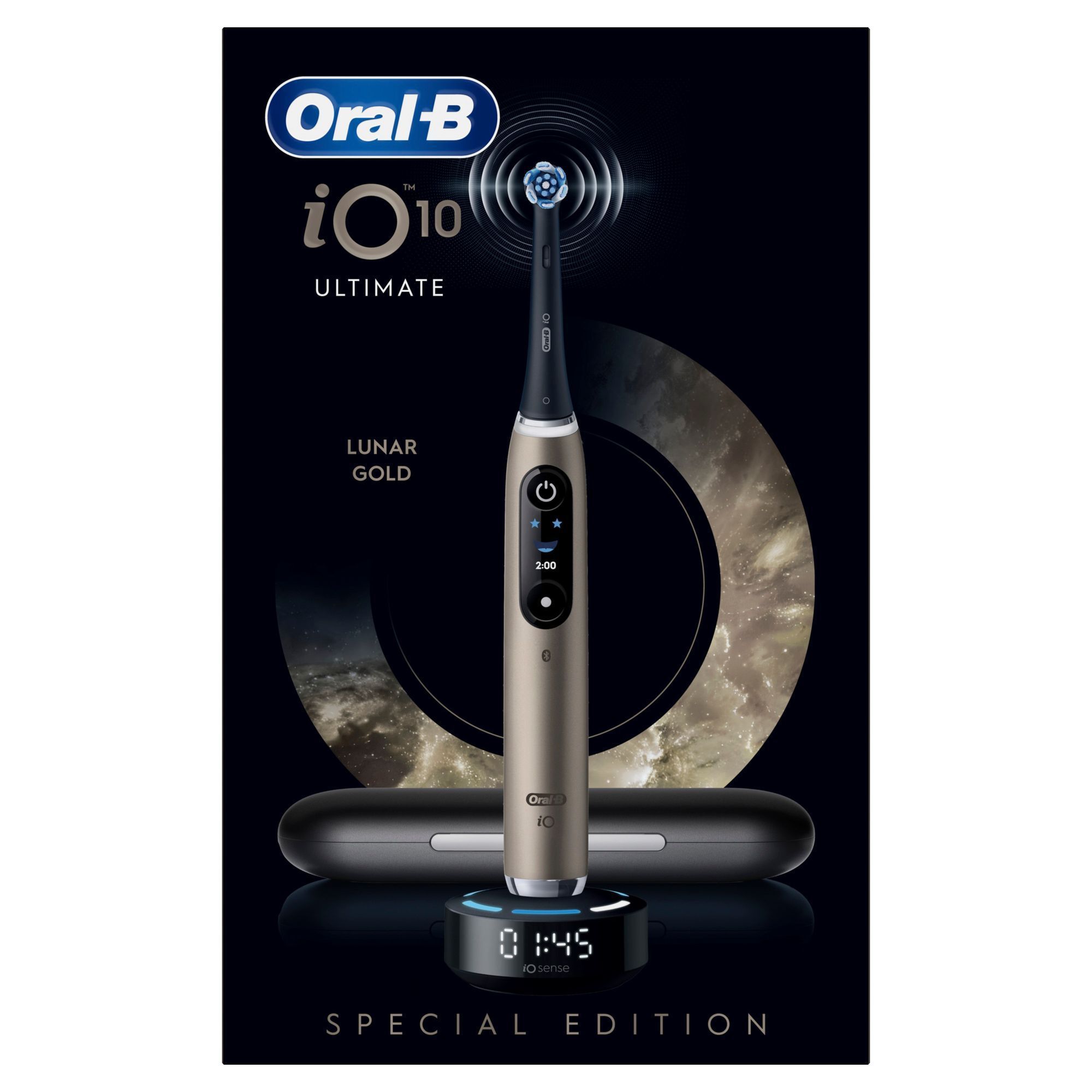 Oral-B iO 10 Ultimate Lunar Gold Special Edition Zahnbürste mit Ladezubehör und iOsense Anzeige.