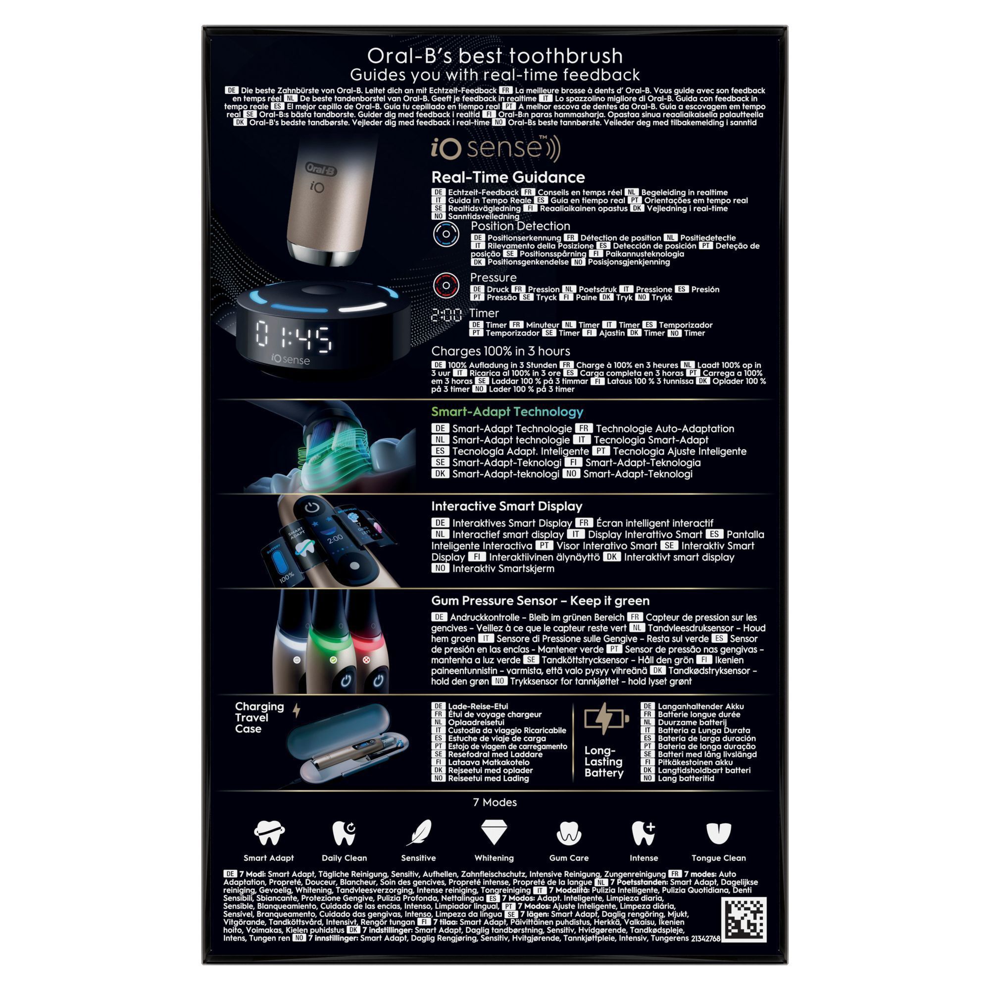 Oral-B iO Sense Zahnbürste, die mit Echtzeit-Feedback und Positionserkennung für eine umfassende Reinigung wirbt.