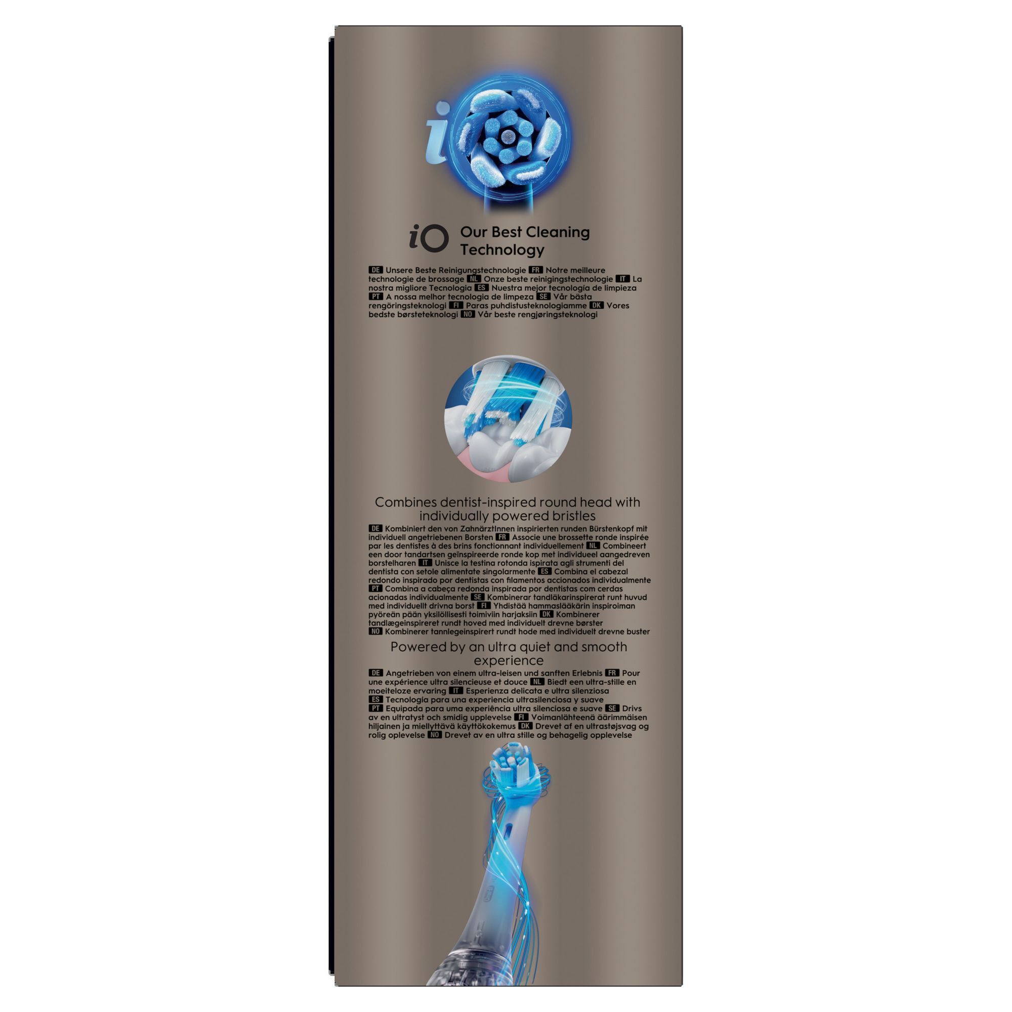Oral-B iO Verpackung, die "Unsere Beste Reinigungstechnologie" und einen von Zahnärzten inspirierten Bürstenkopf hervorhebt.
