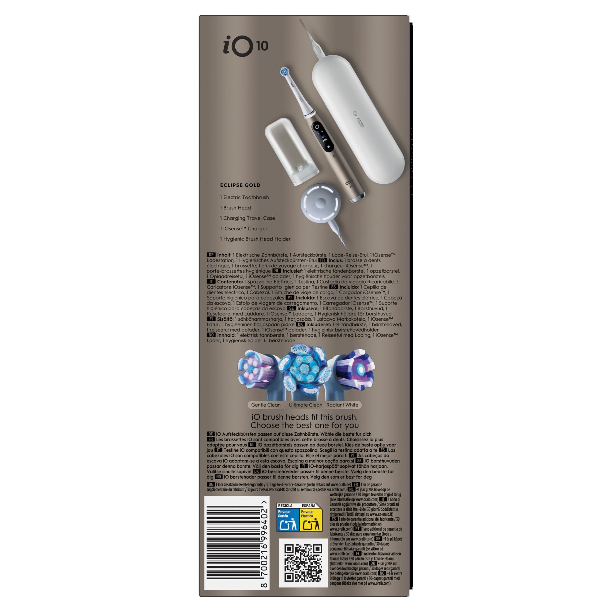 Oral-B iO 10 elektrische Zahnbürste in Eclipse Gold, mit Reiseetui, Ladestation und Aufsteckbürsten.