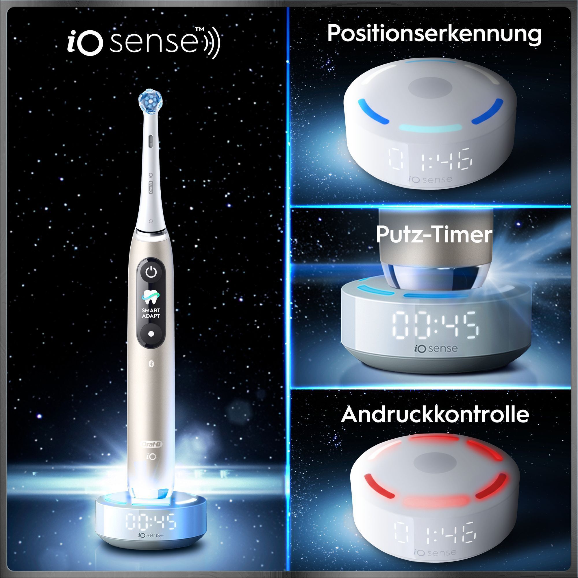 IO Sense Zahnbürste mit Positionserkennung, Putz-Timer und Andruckkontrolle auf Ladestation.