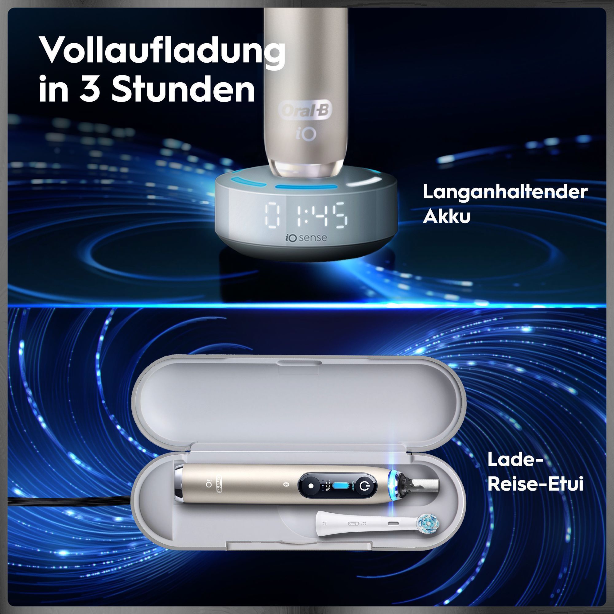 Oral-B iO Zahnbürste mit Schnellladefunktion, Ladestation und Reise-Etui auf blauem Hintergrund.