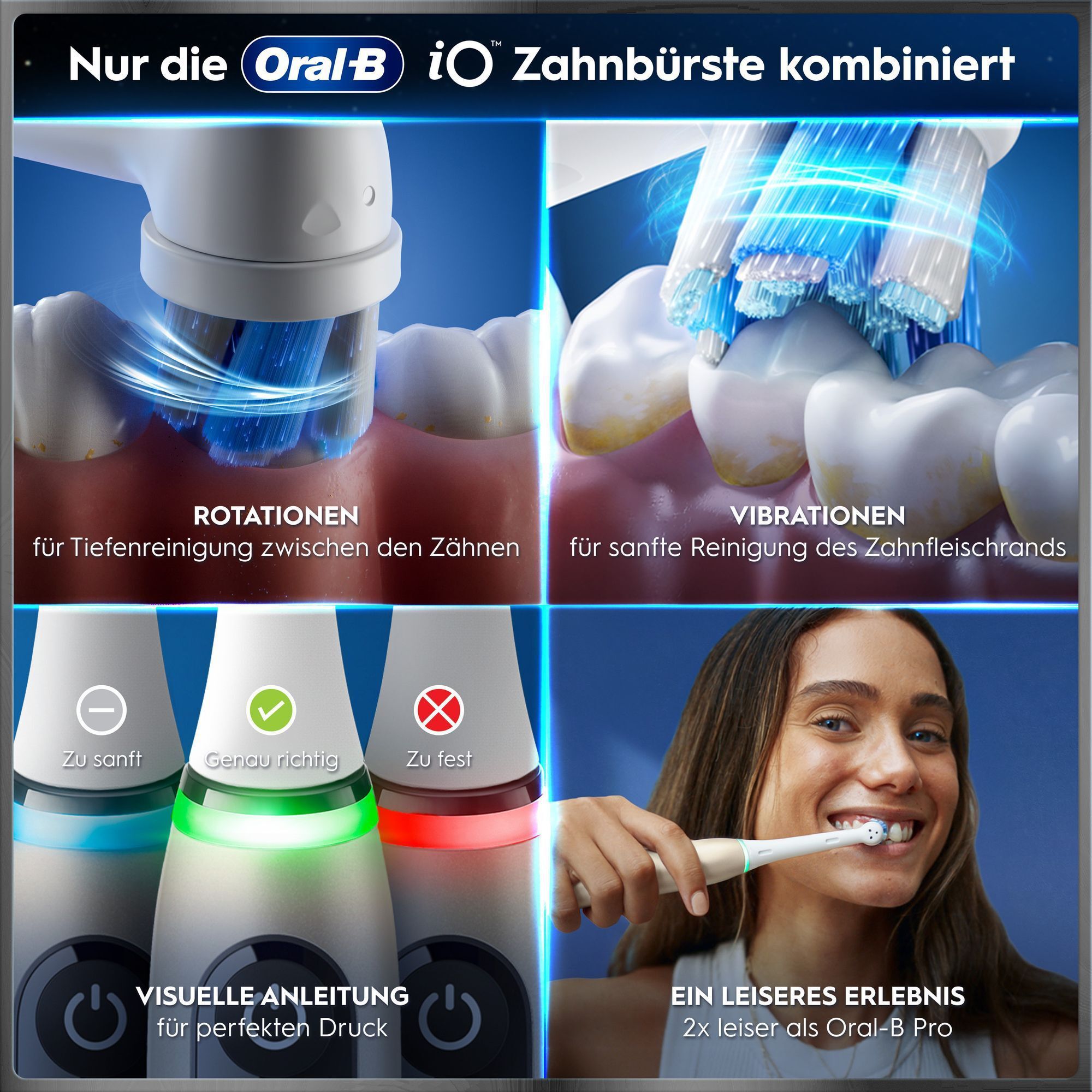 Oral-B iO Zahnbürste kombiniert Rotationen, Vibrationen und visuellen Putzdruck für beste Reinigung.