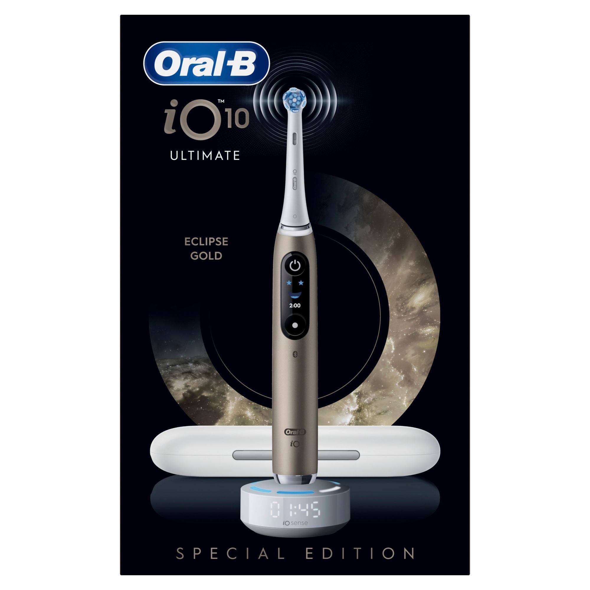 Oral-B iO 10 Ultimate Eclipse Gold Special Edition Zahnbürste mit Ladestation und iO Sense Anzeige.