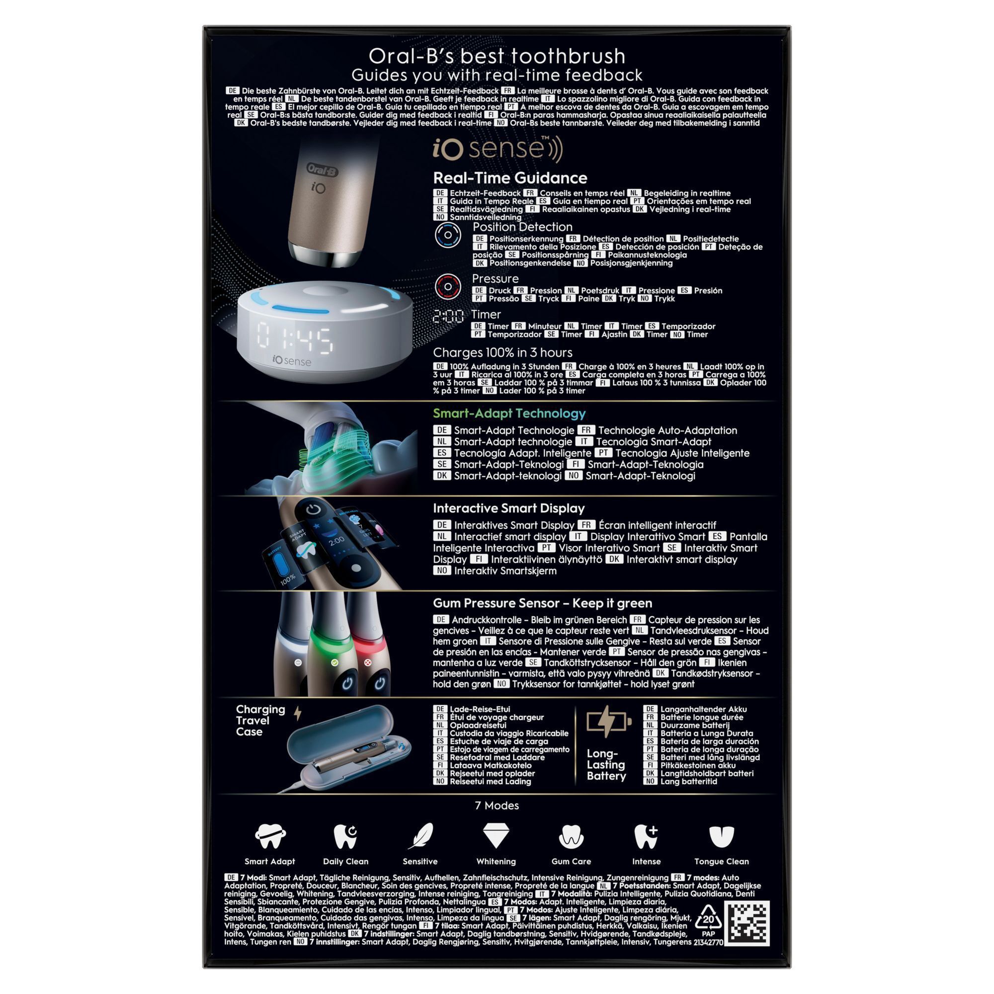 Oral-B iO Zahnbürstenverpackung, die mit Echtzeit-Feedback und Smart-Adapt-Technologie für ein intelligentes Putzerlebnis wirbt.