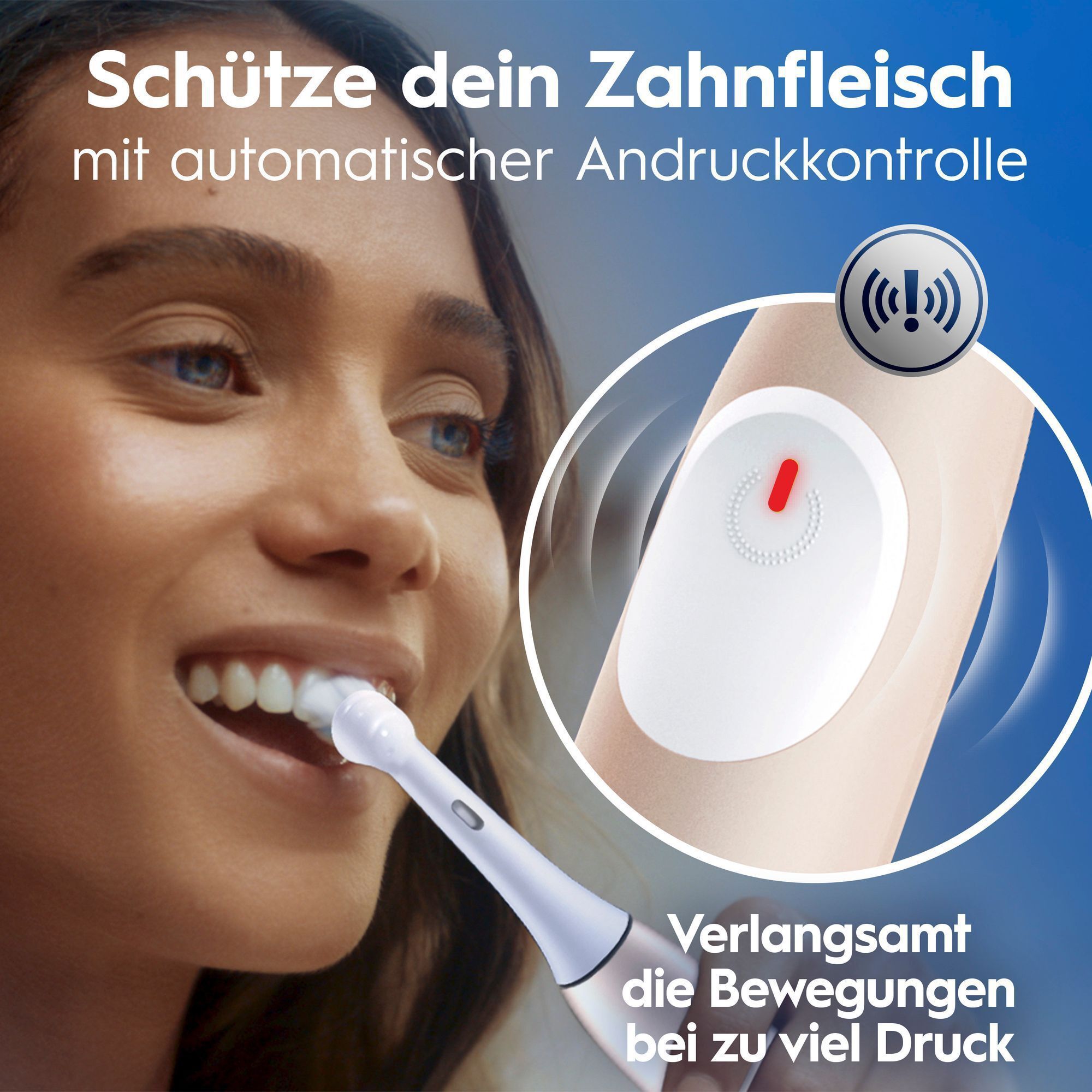 Zahnbürste mit Andruckkontrolle, die bei zu starkem Druck die Bewegungen automatisch verlangsamt