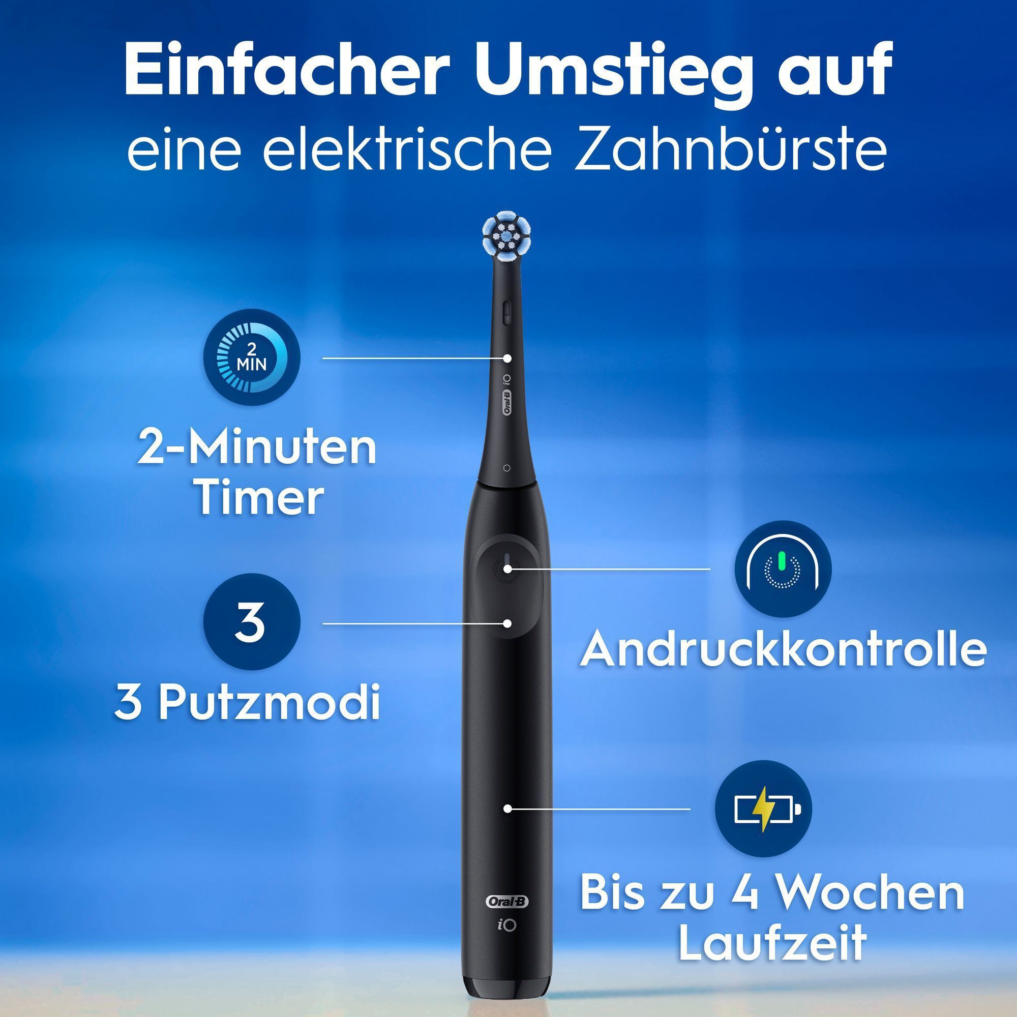 Elektrische Zahnbürste mit 2-Minuten Timer, 3 Putzmodi, Andruckkontrolle und 4 Wochen Laufzeit.